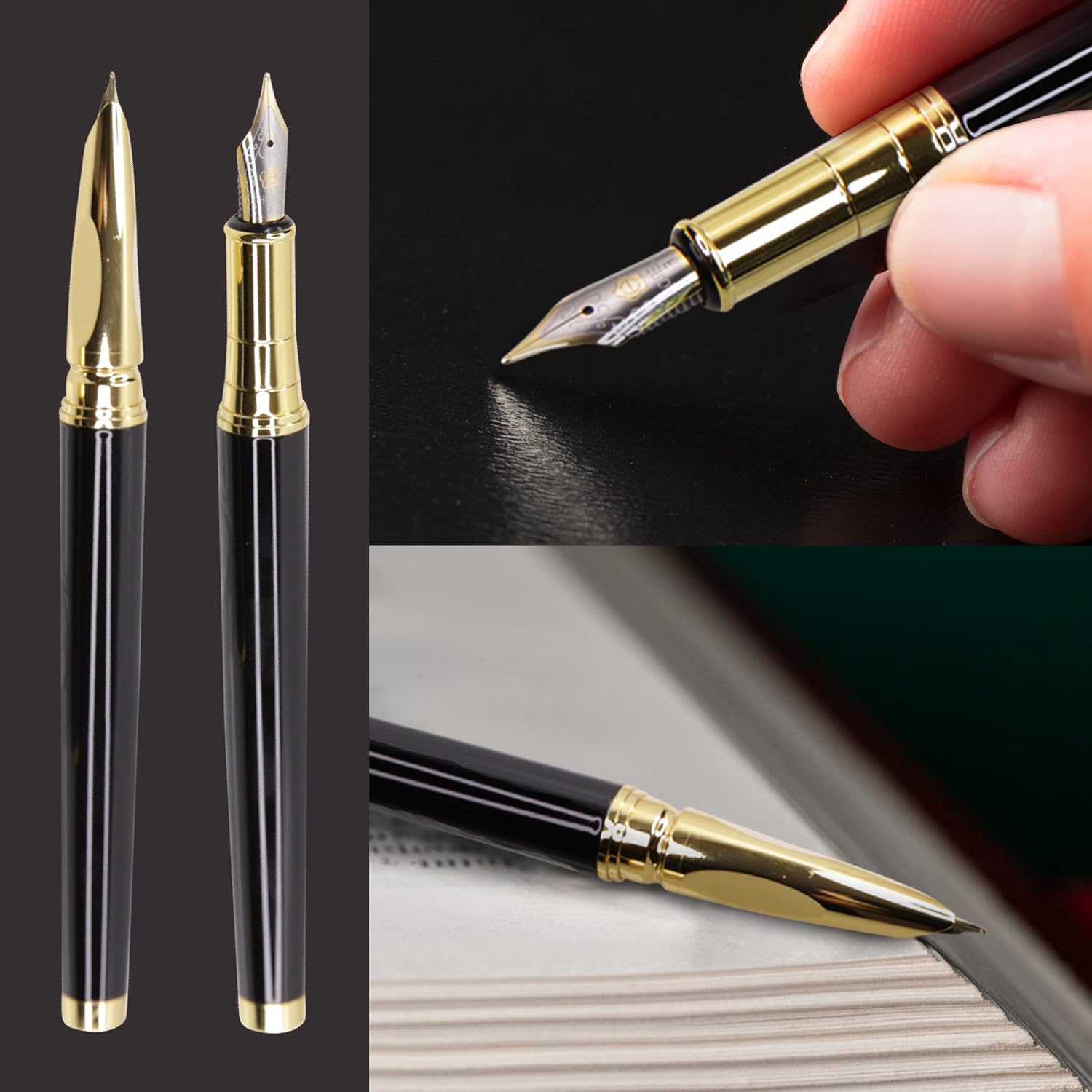 PrintSupremacy Stainless Steel Cartridge Fountain Pen with Leather Holder, Iridium Nib Signature Pen with Refill Converter, Signing Pen for Men and Women (0.38mm, millimeters)