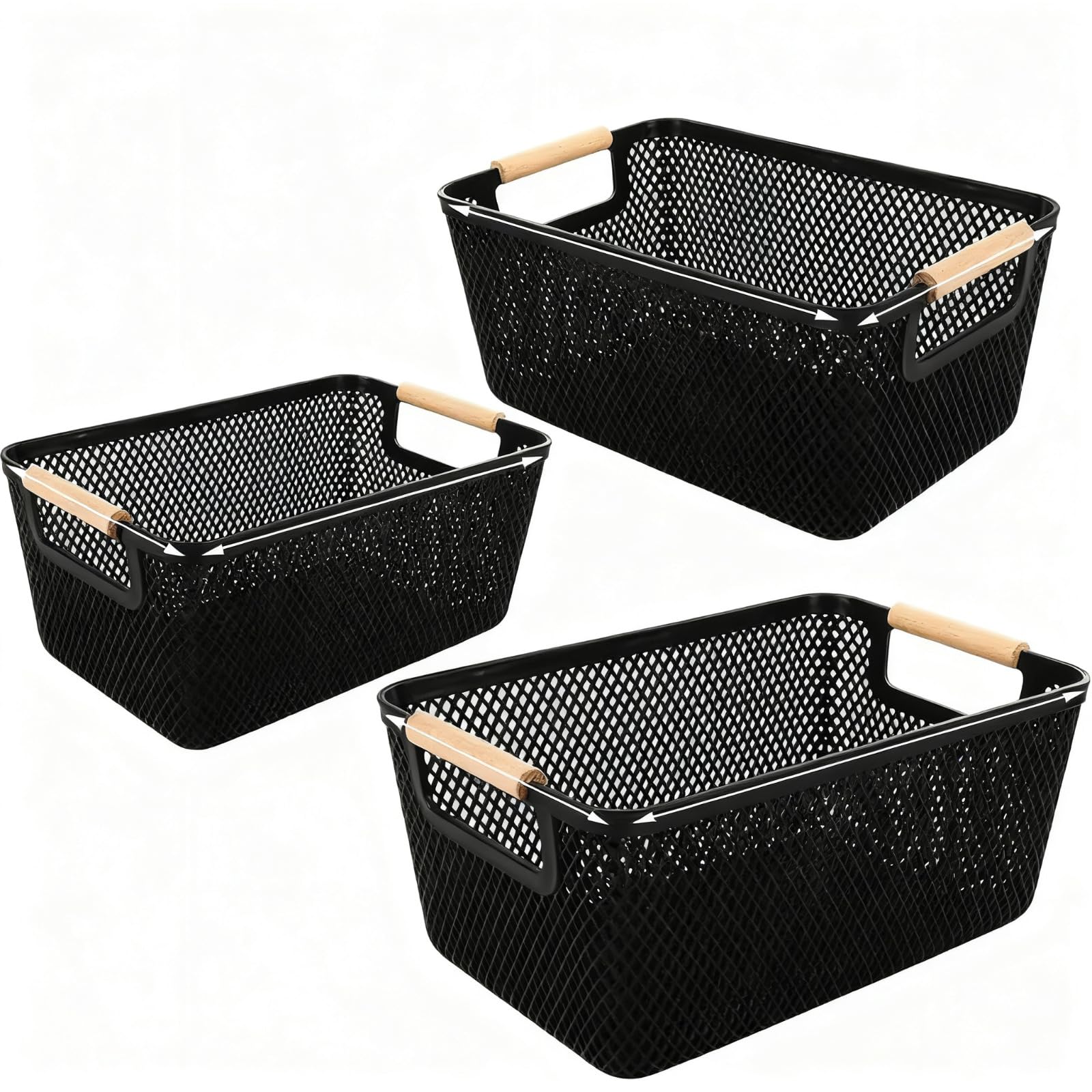 LDHHYH 3Pcs Black Plastic Storage Basket, Large Breathable Storage Baskets with Wooden Handle, Portable Multipurpose Vegetable Basket Organizer for Home Office Kitchen