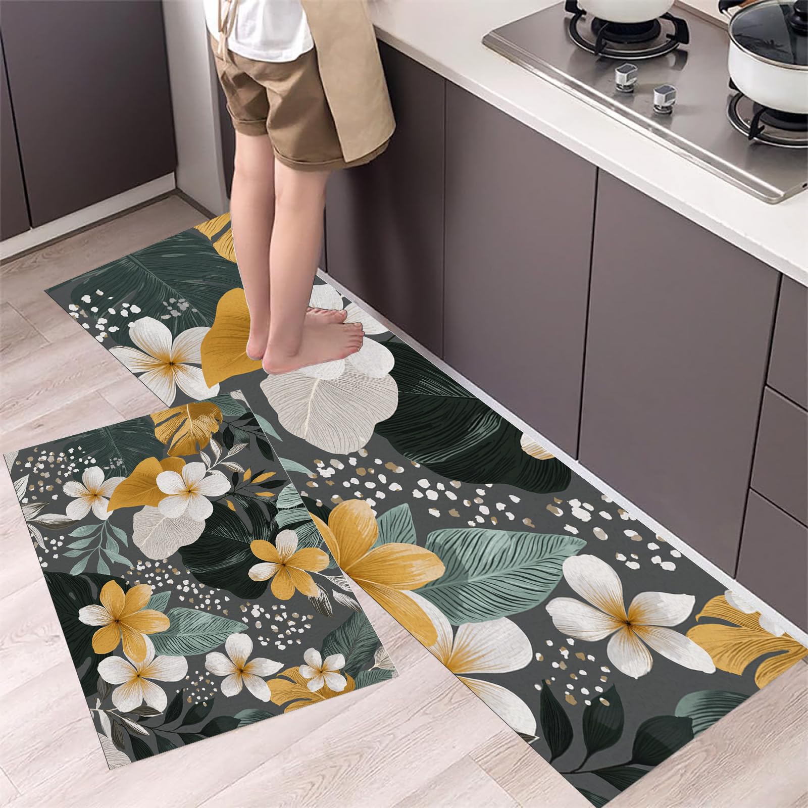 Alfombra de cocina de 2 piezas lavable con base de seguridad y diseño floral de hojas