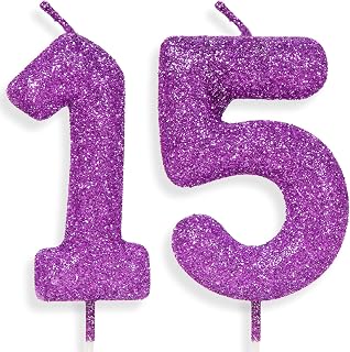 15th Glitter Birthday Candles, Purple Pink Birthday Number Candle for Cake Topper Decorations for Girls Birthday Party Wedding Anniversary Celebration Supplies