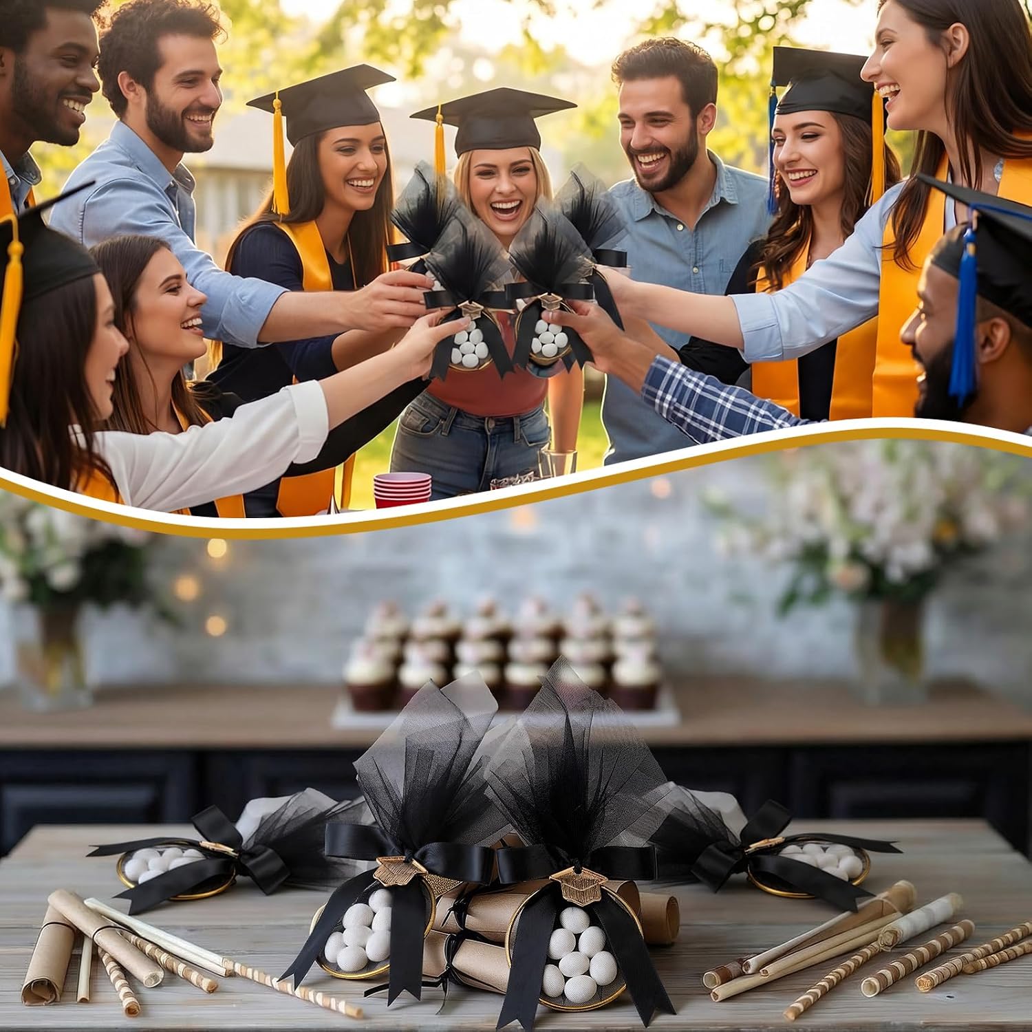 Leinuosen 30 Set Graduation Almond Candy Favors with Ring Tulle Bag DIY Marzipan Souvenirs for Class of 2026 Party Graduate Tradition Favors No Almond Candy (Black,Golden)