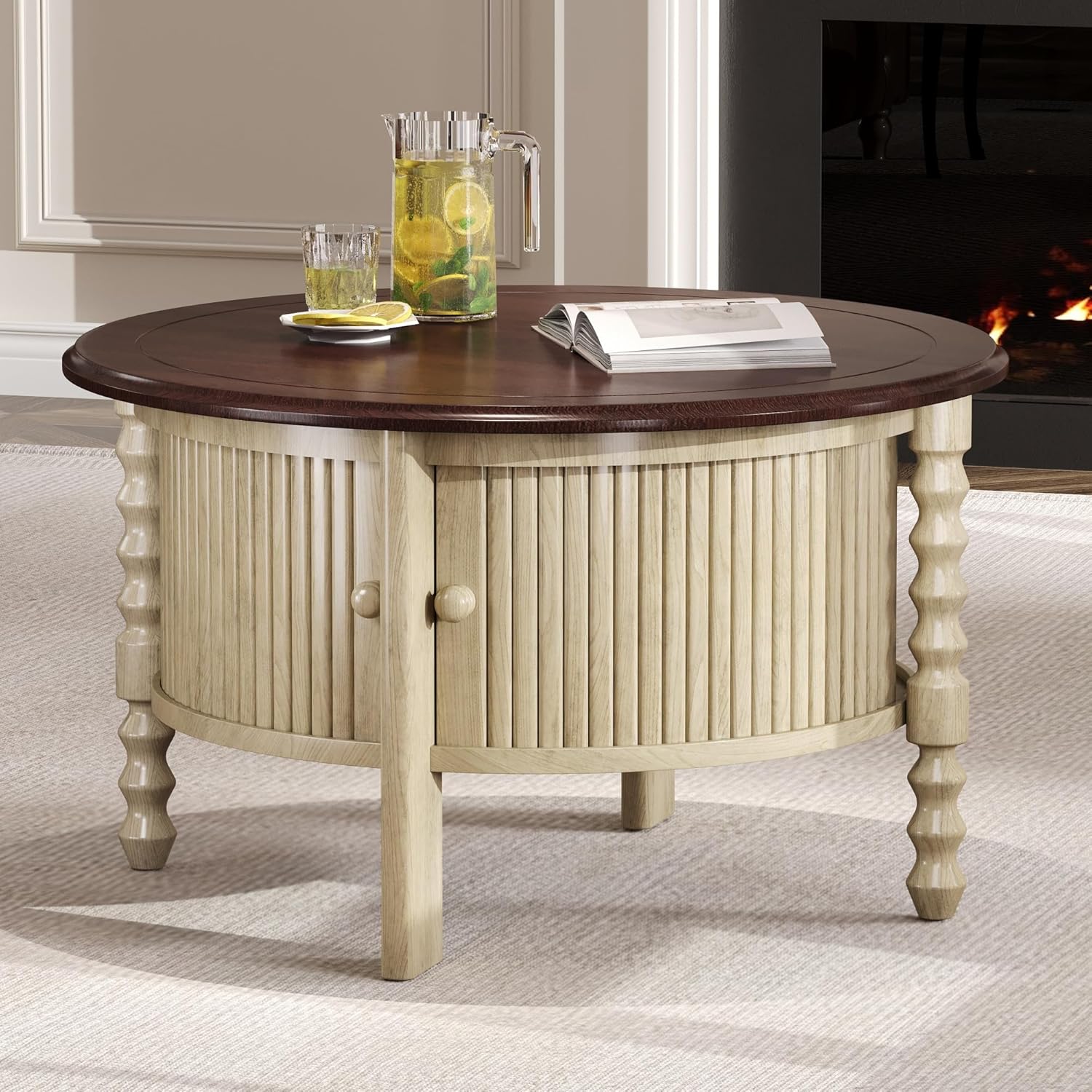 Mid Century Modern 30.3" Round Coffee Table, Wooden Cocktail Table Center Waiting Area Table with Sliding Door, Slatted Design Accent Table for Living Room Small Space (Beige,Espresso)