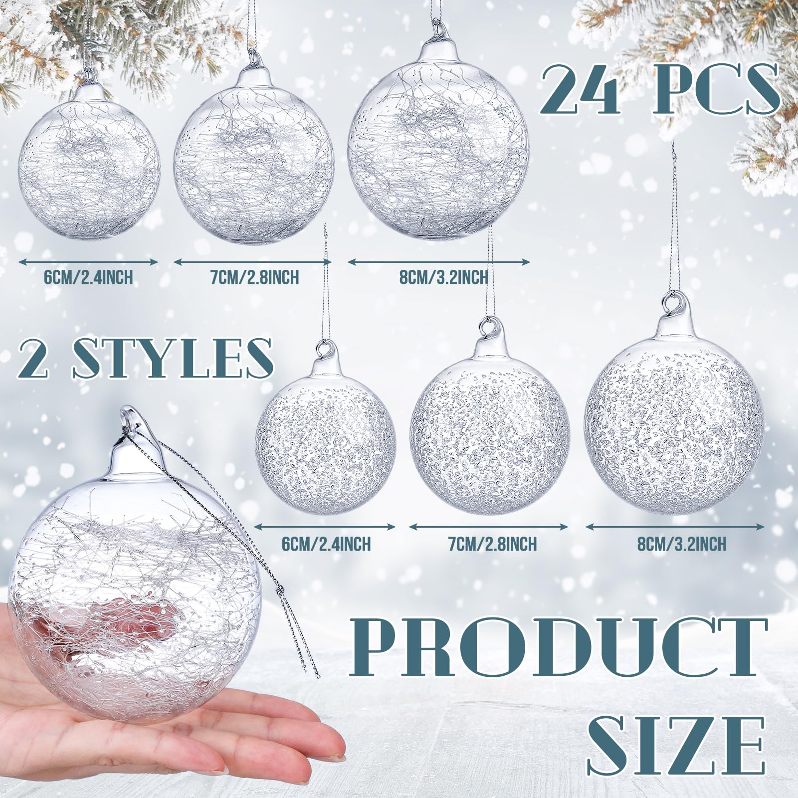 Uiifan Lot de 24 boules de décoration de Noël en verre soufflé en vrac de tailles assorties irisées (6 cm, 7 cm, 8 cm)