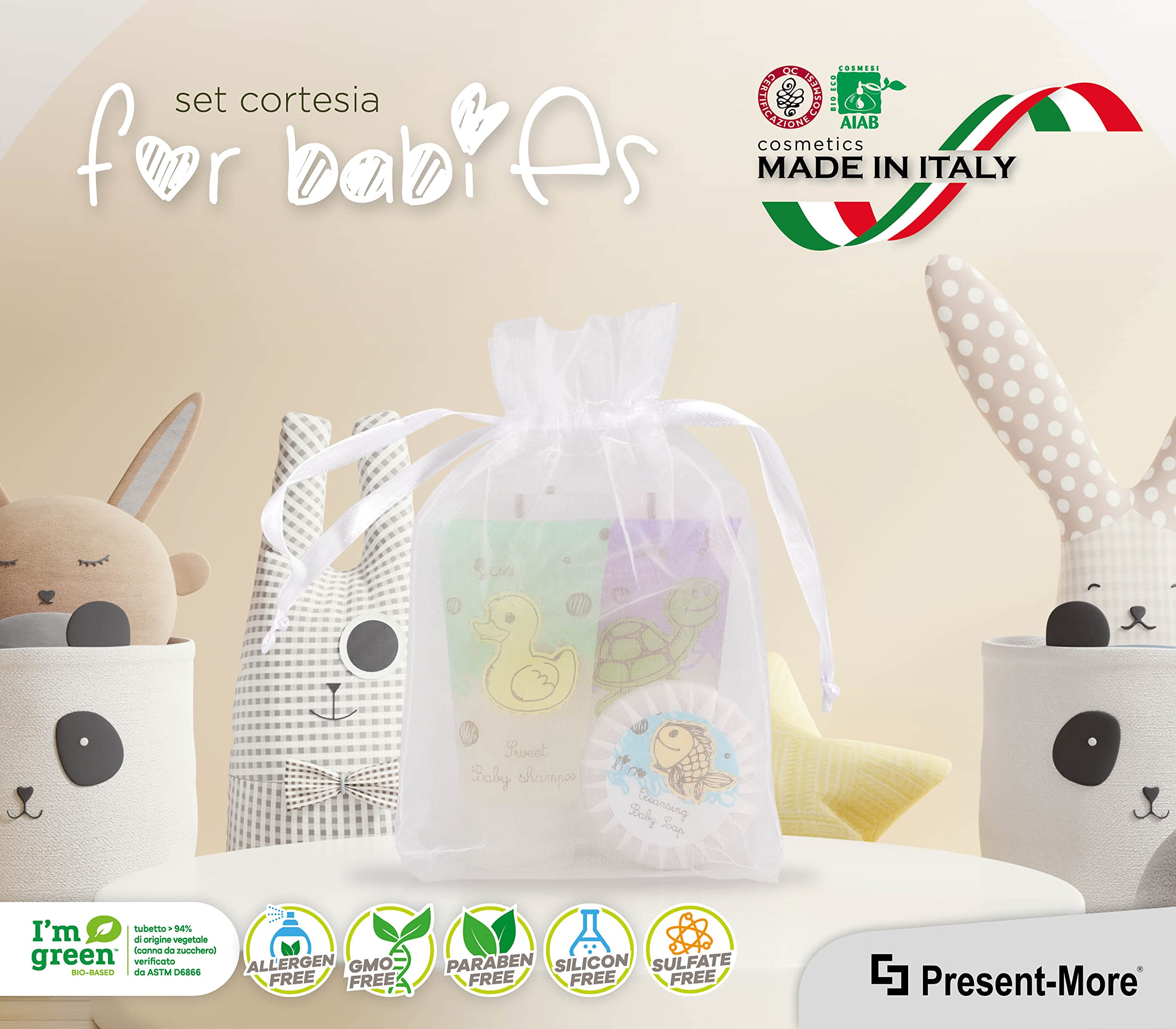 PRESENT-MORE - Set Cortesia 15 Ospiti For Babies | Fragranza Bubble - Shampoo, Gel Doccia, Crema Corpo e Sapone - Made in Italy - Per Hotel e B&B