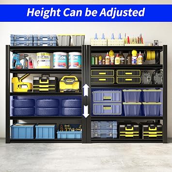 Heavy Load Storage Shelf, Garage Shelf, 5 Levels, Adjustable Height, 40 x 90 x 183 cm, Load up to 1000 kg, Metal Shelf for Basement, Garage, Warehouse, (Black)
