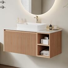 36" Floating Bathroom Vanity with Sink Combo, Mid-Century Modern Wall Mounted Bathroom Cabinet Set with Storage, Ceramic Basin Solid Black Sink