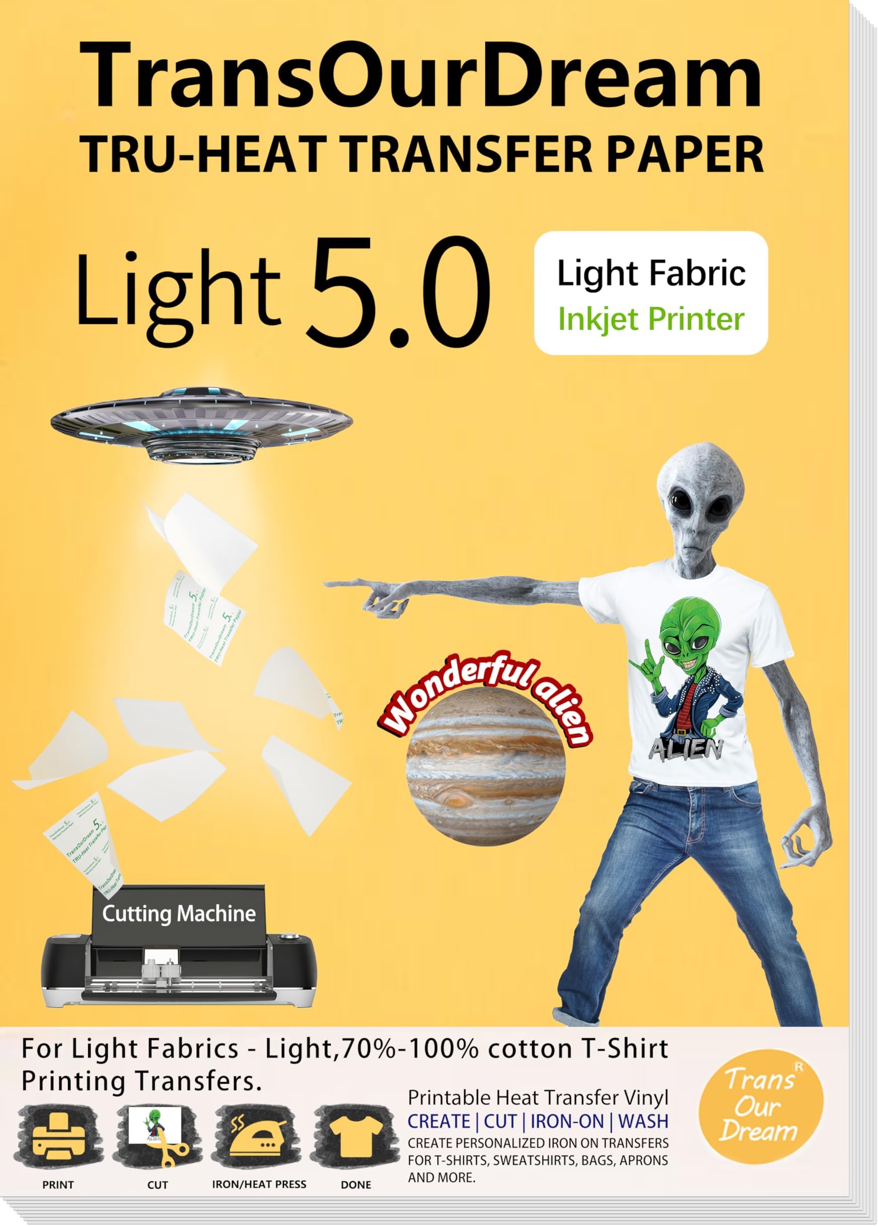 Light 5.0 Iron on Heat Transfer Paper for Light Fabric (5Sheets,A4, Light 5.0) Iron-on Transfers Paper for White T-Shirts Printable Heat Transfer Vinyl for Inkjet Printer(TRANS-L5-5)