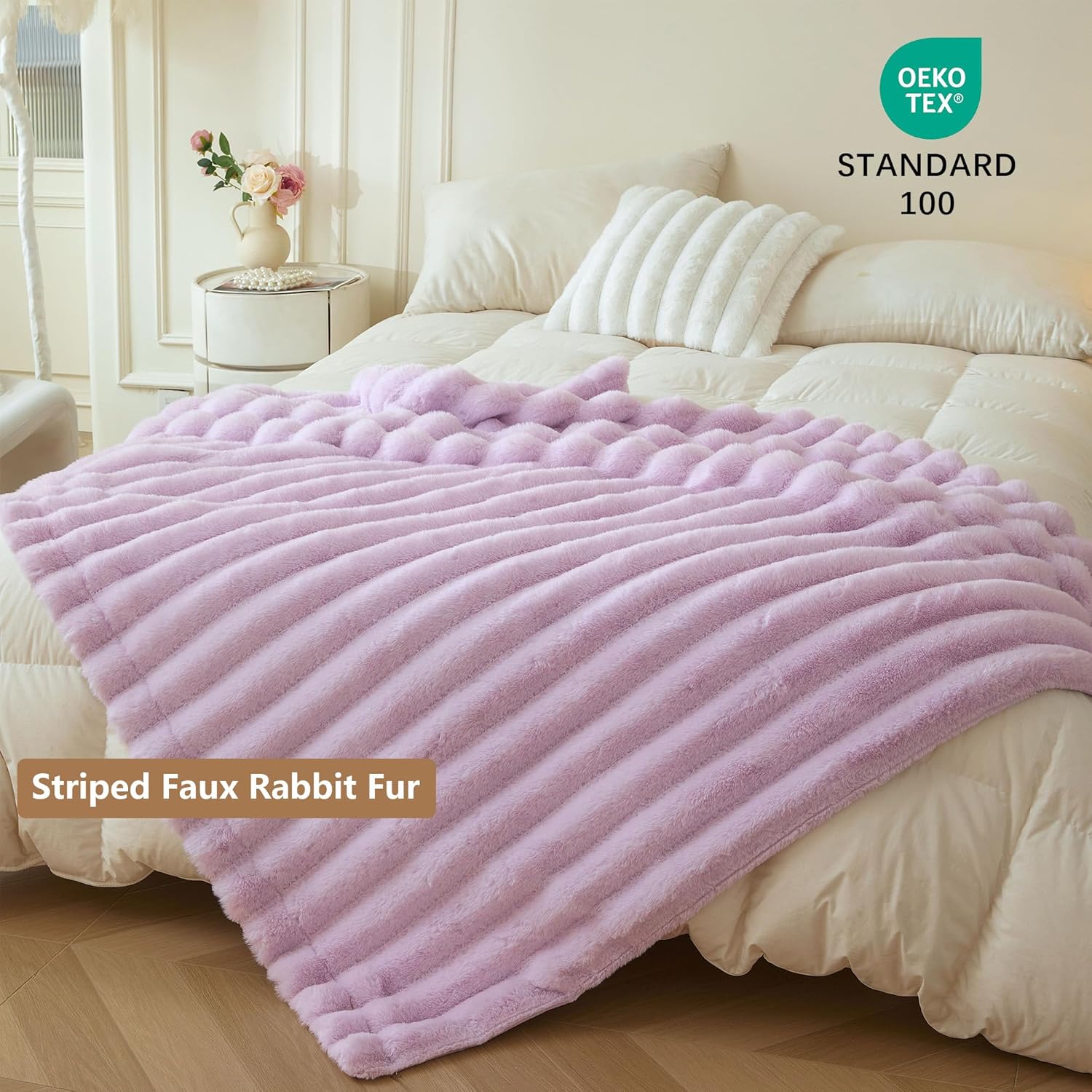 MEGO Fluffy Faux Rabbit Fur Bed Blanket, Soft Wide Stripe Plush Fuzzy Throw for Couch Sofa, Light Purple Shaggy Throw Bedroom Living Room, Large Furry Blanket for Kids Girls Adults, 60x90, Lavender - Image 2