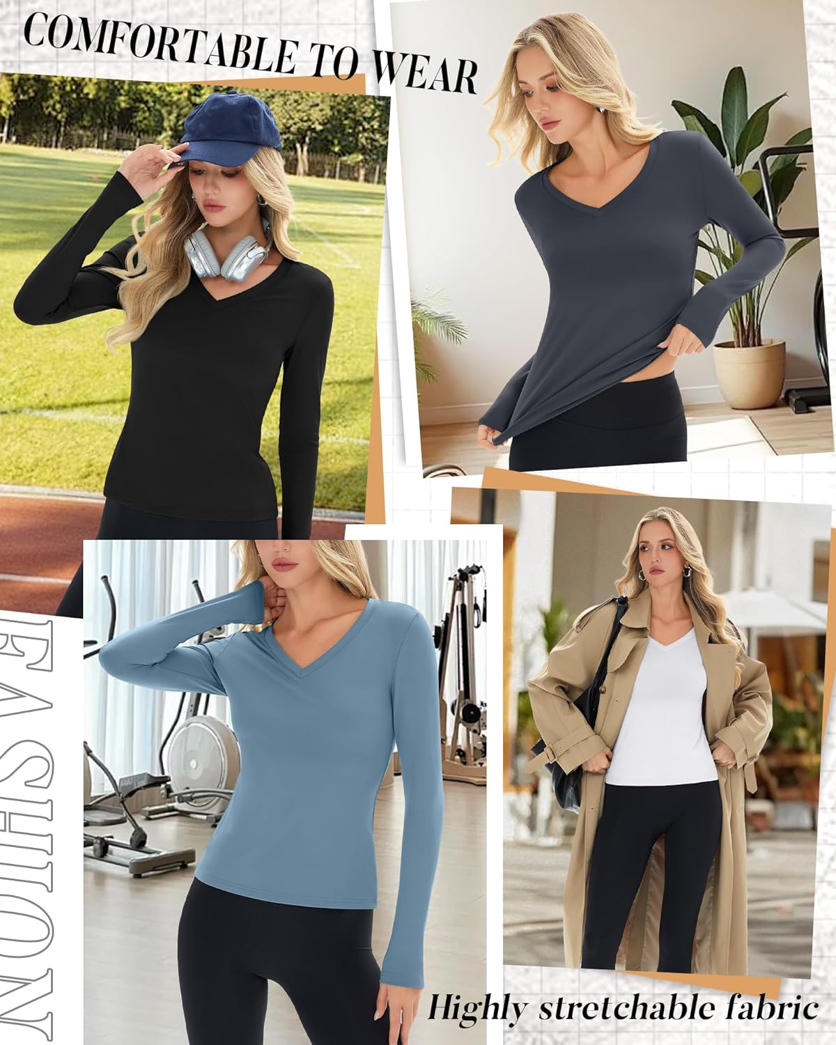 Neer 4 Pack Women's Workout Tops Long Sleeve Compression Shirt Athletic Tight V Neck T Shirt Gym Yoga Running Lightweight Tee - Image 4