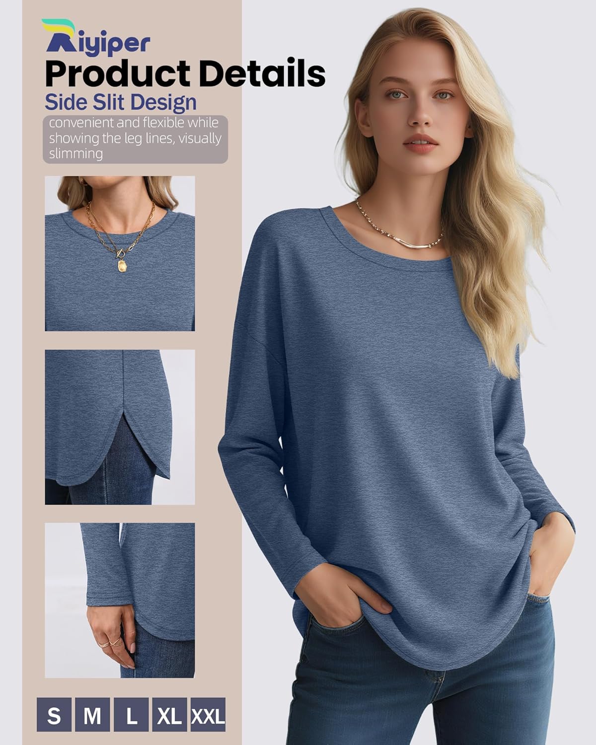 Riyiper 3 Pack Women's Long Sleeve Shirts Crew Neck Curved Hem Tunic Side Split Tops Loose Basic Tee Casual Sweatshirt - Image 2
