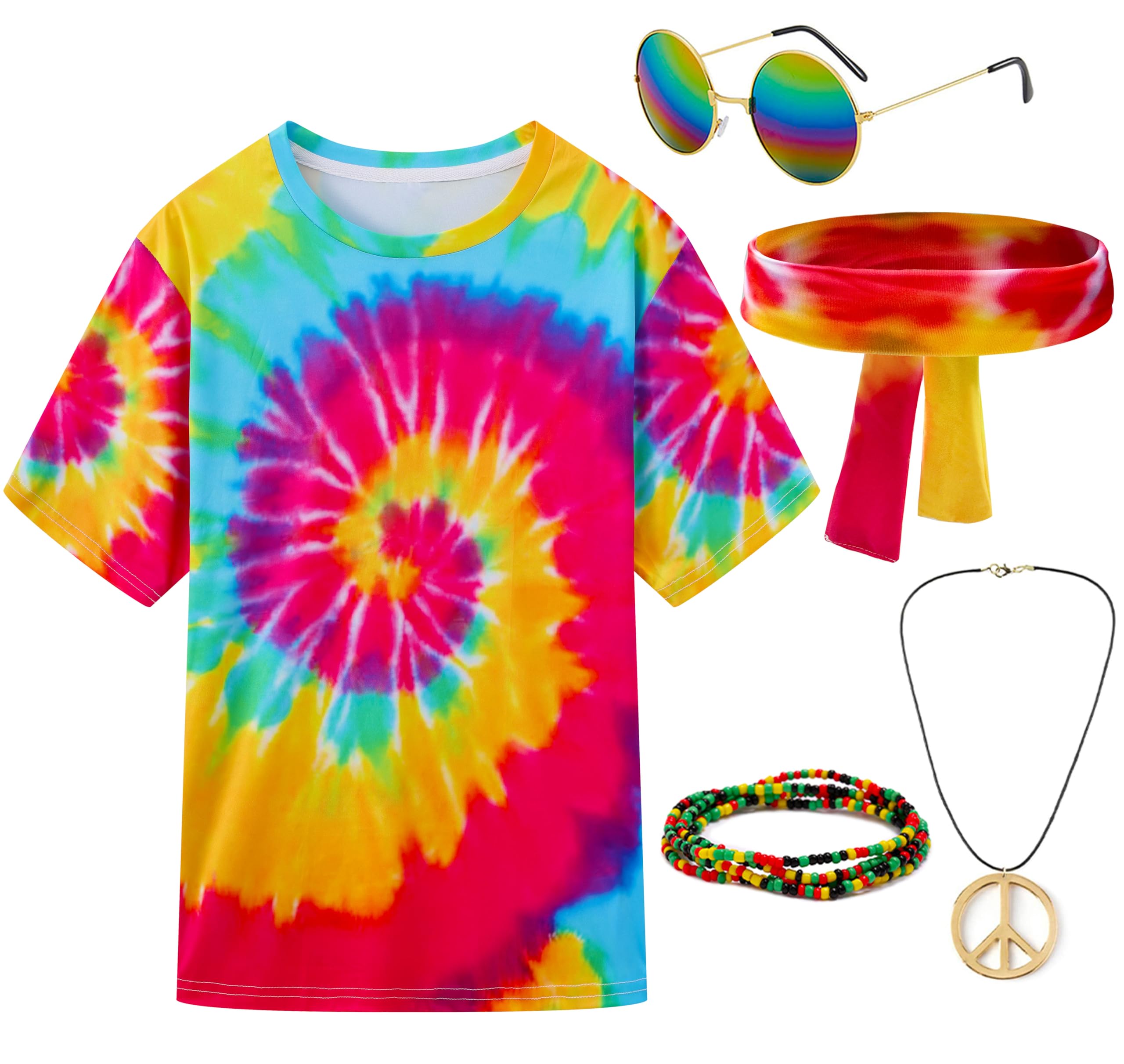 Gionforsy Hippie Costume Outfit for Men Women 60s 70s Costume Accessories Set T-shirt Peace Necklace for Halloween Birthday Themed Party Fancy Dress (Varicolored, S) โ image 1