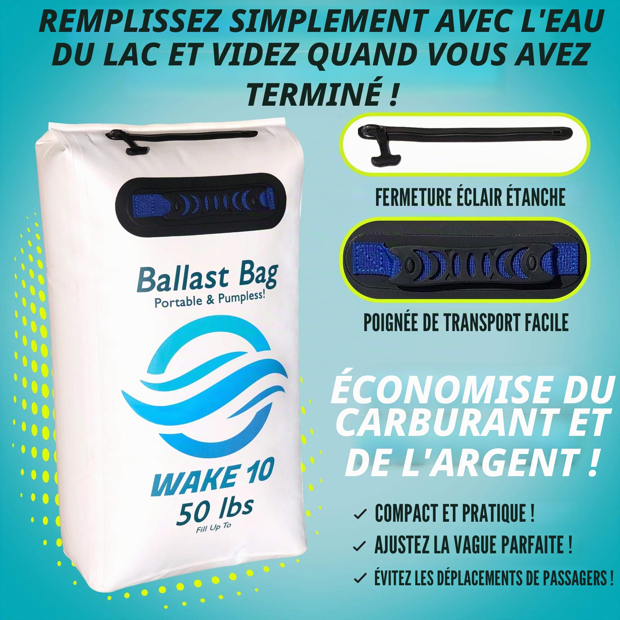 Sac de Ballast pour Bateau - Portable et sans Pompe - 50 LB - Wakesurf et Wakeboard, Blanc, Taille Unique