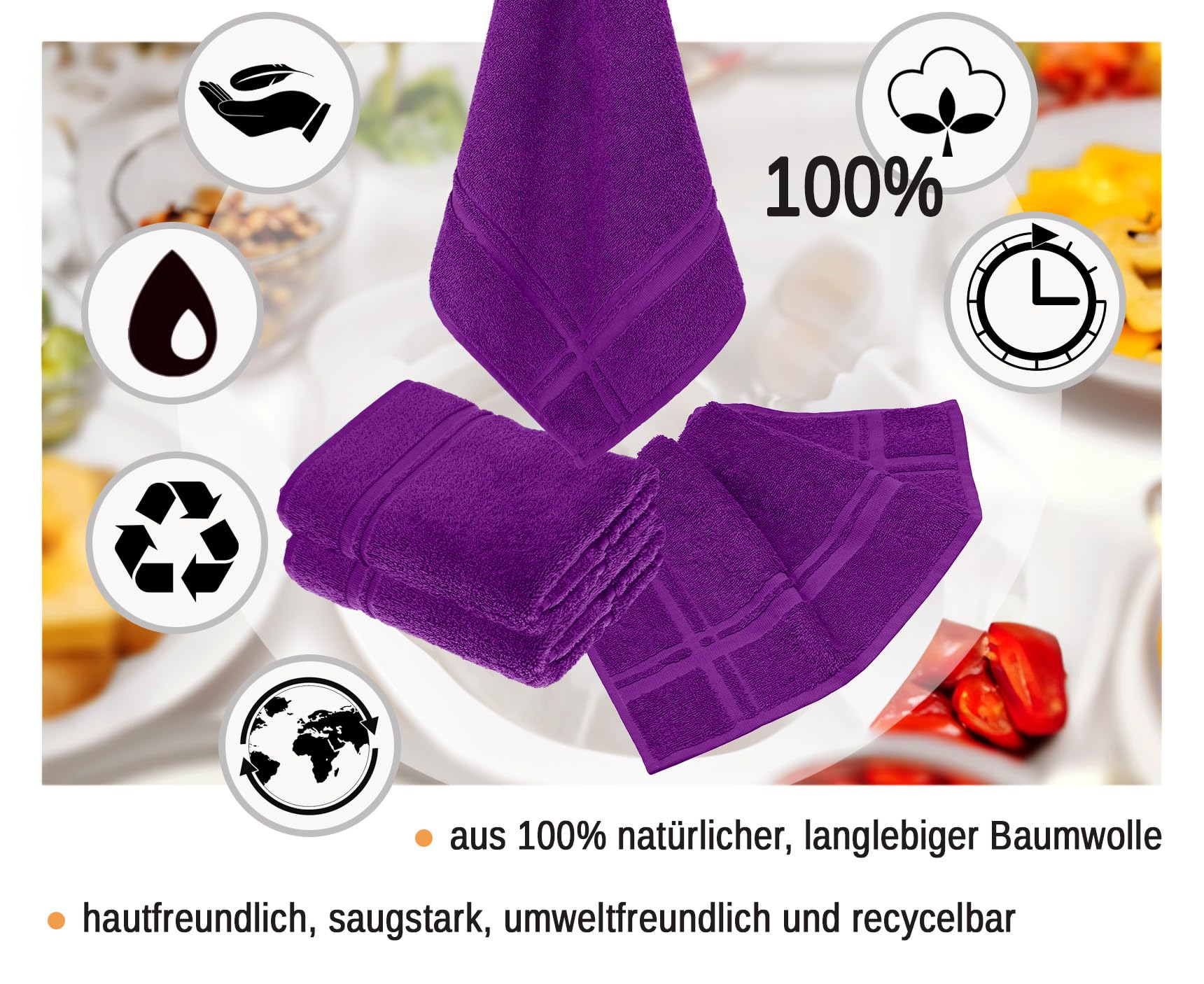 Lashuma Lot de 4 torchons de cuisine éponge 50 x 50 cm, 100 % coton, 450 g/m², violet aubergine