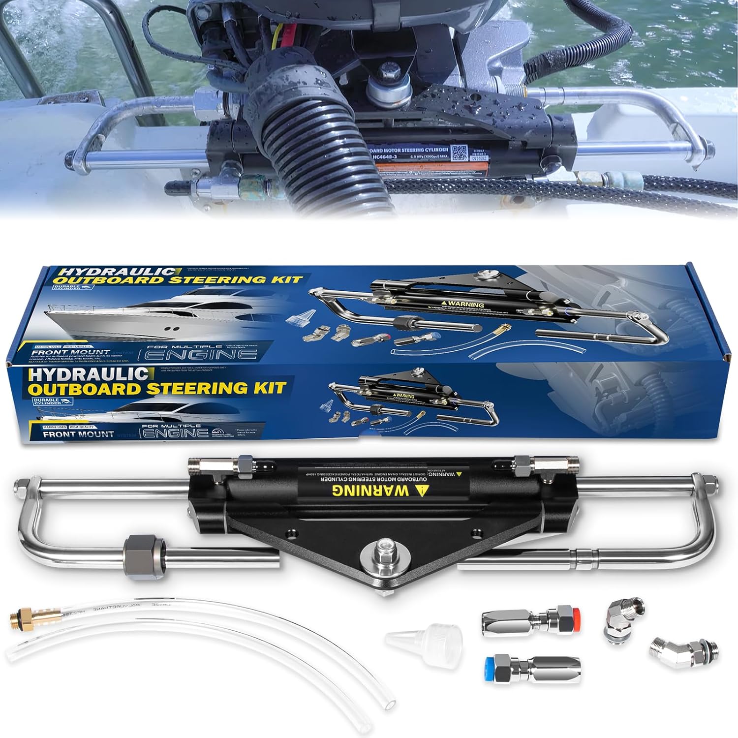 Camoo 150HP Hydraulic Outboard Steering Cylinder Replaces for Seastar HC4645H Front Mount Cylinder, Two-Way Lock Valve Front-Mount Aluminum Alloy Cylinder for Boats Up to 150HP