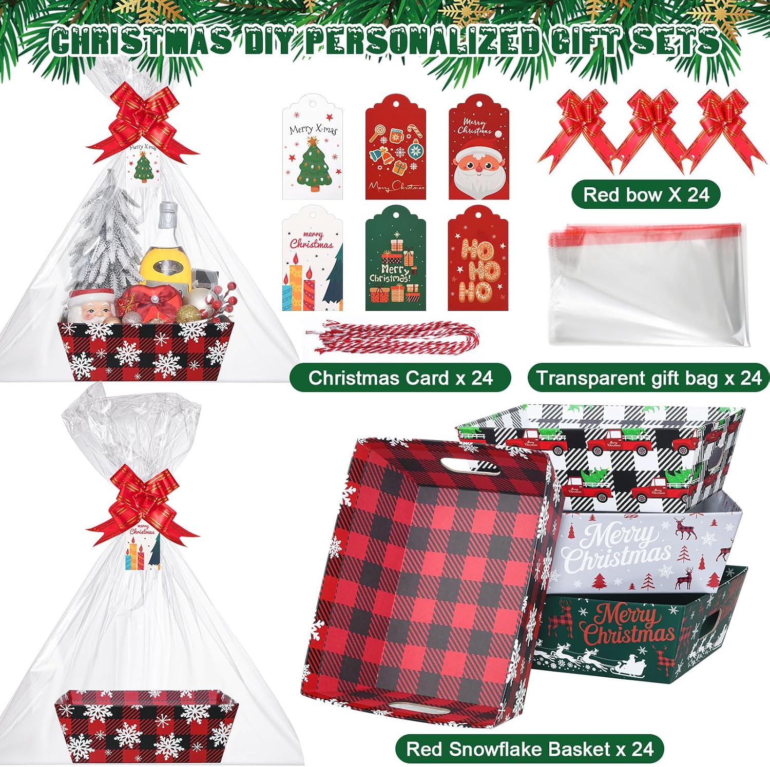 Cholemy 96 Pcs 24 Sets Large Christmas Basket for Gift Empty Bulk 10 x 8'' Gift Basket to Fill with Handles Sturdy Cardboard Box with Xmas Cards Packages Wrapping Bow for Holiday Xmas Party(Creative)