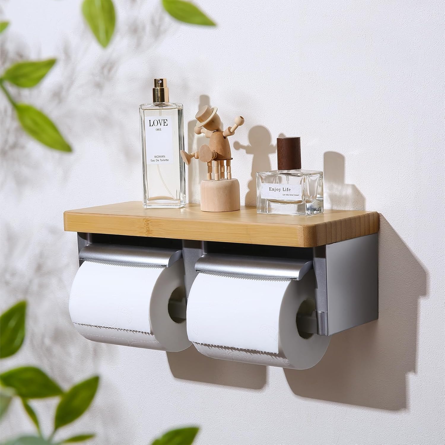 Modern Silver Toilet Paper Holder with Wooden Top, Silver Double Toilet Paper Holder with Wooden Top, Bamboo Toilet Paper Holder for Bathroom