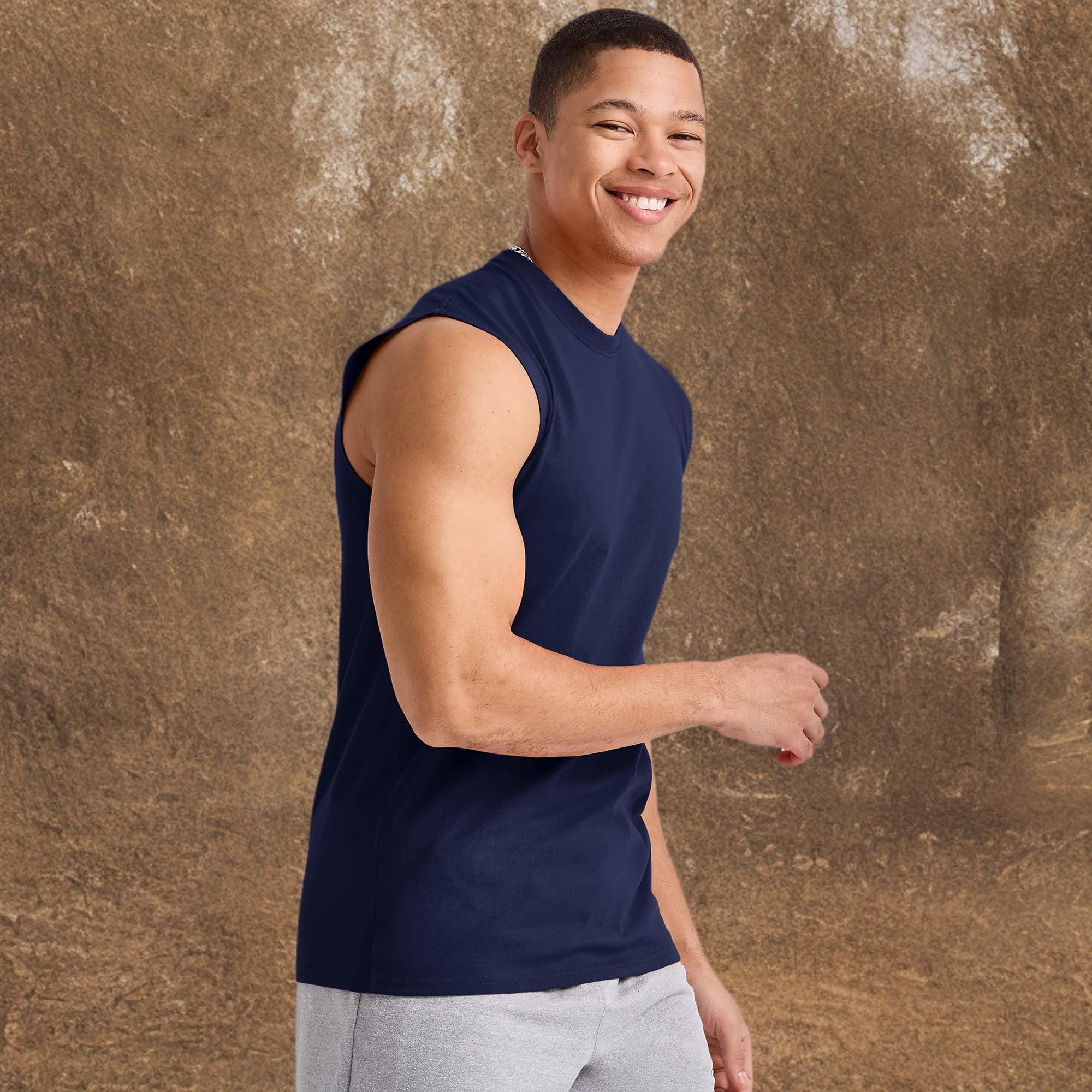 Hanes Męskie Essentials Midweight Muscle T-Shirt Pack, bawełniane koszulki bez rękawów, 3-pak, Sportowa granatowa, 3XL