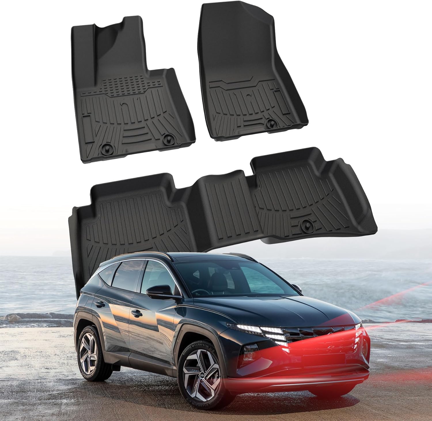 Carbon Fiber Floor Mats for Hyundai Tucson 2016-2021, Kia Sportage 2017-2022, All Weather Protection TPE Truck Liners Custom Car Liners Accessories, Front & 2nd Row Floor Liners Set
