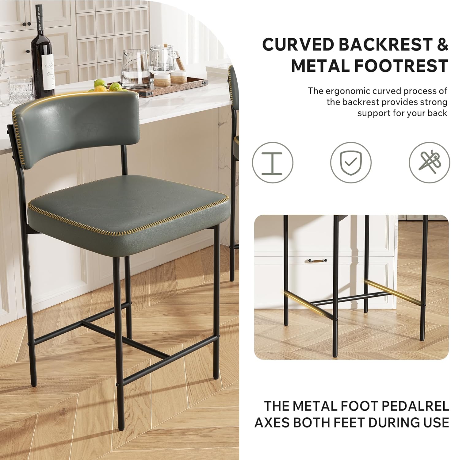 Bar Stools Set of 4, Faux Leather Counter Height Barstools with Curved Back, 25 Inch Upholstered Bar Chairs, Modern Counter Stools for Kitchen lsland, Grey