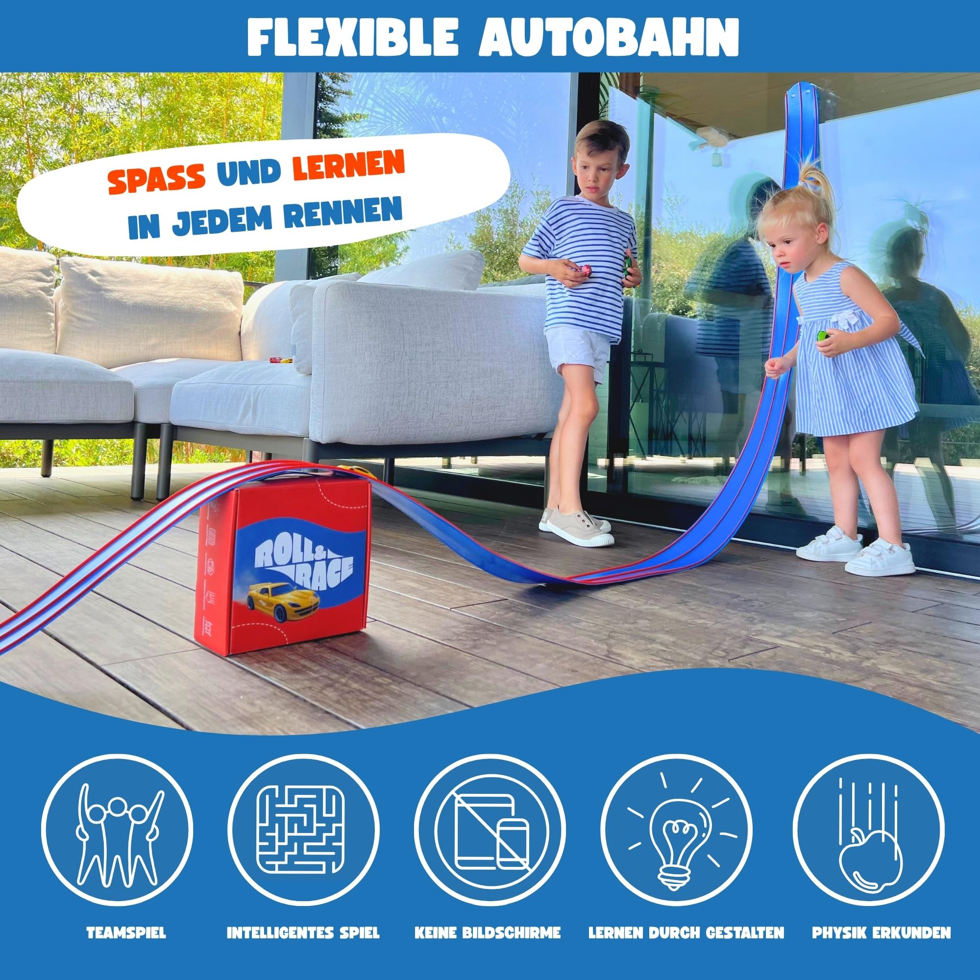 Roll&Race Flexible Autorennbahn 400cm - Made IN EU - Aufrollbare Rennstrecke Kinder - Kompatibel mit Spielzeugautos - Auto Rennbahn mit Transportkoffer - Gummistrecke