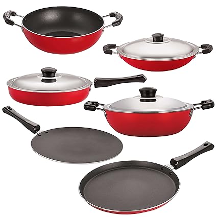 Nirlon Non-Stick Aluminium Cookware Set, 6-Pieces, Red & Black