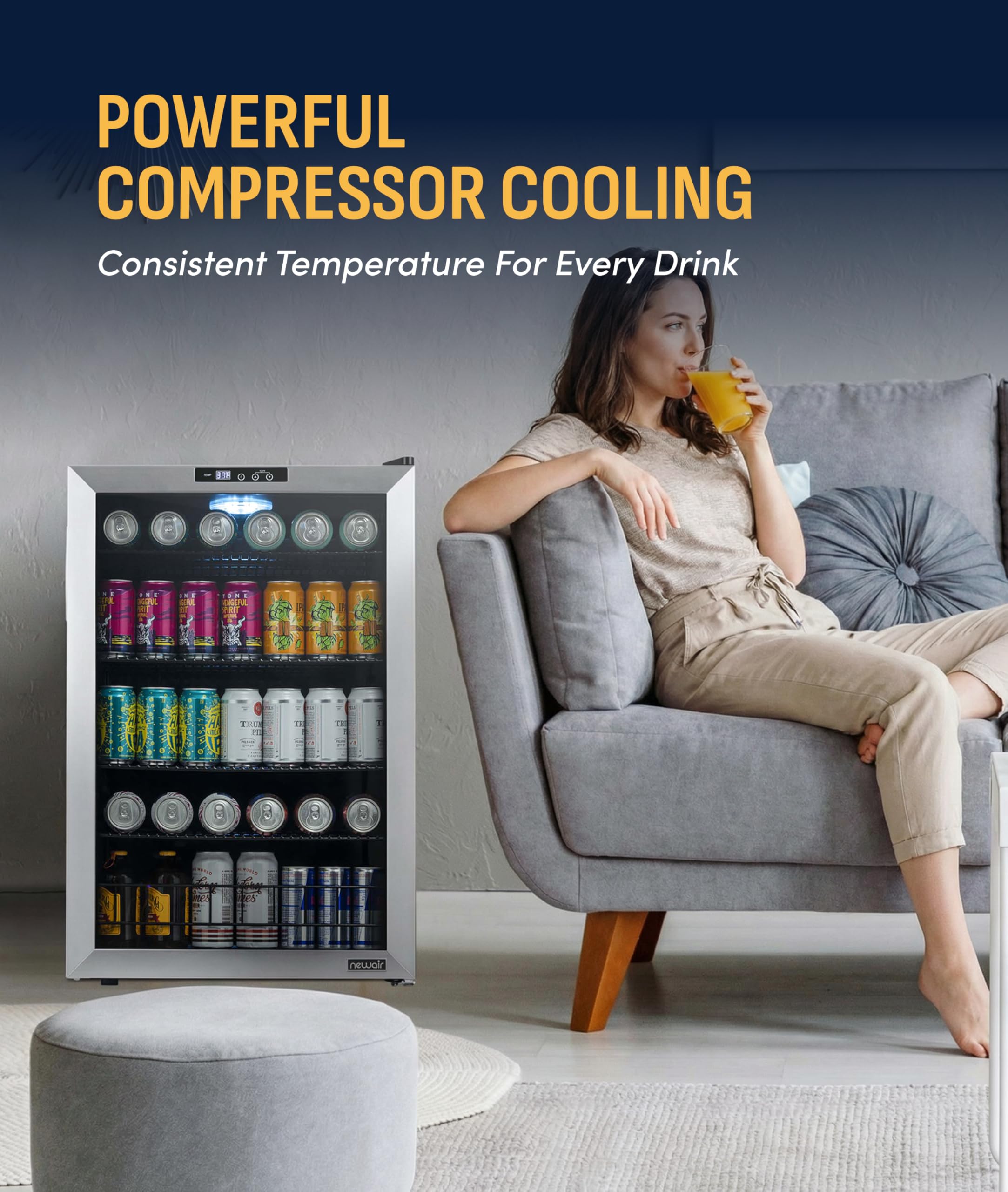 NewAir 160 Can Beverage Refrigerator | Freestanding Small Mini Fridge For Bedroom, Home Bar Or Living Room | Splitshelf Storage, Digital Thermostat & LED Light | Stainless Steel on Fridge.com - View 6