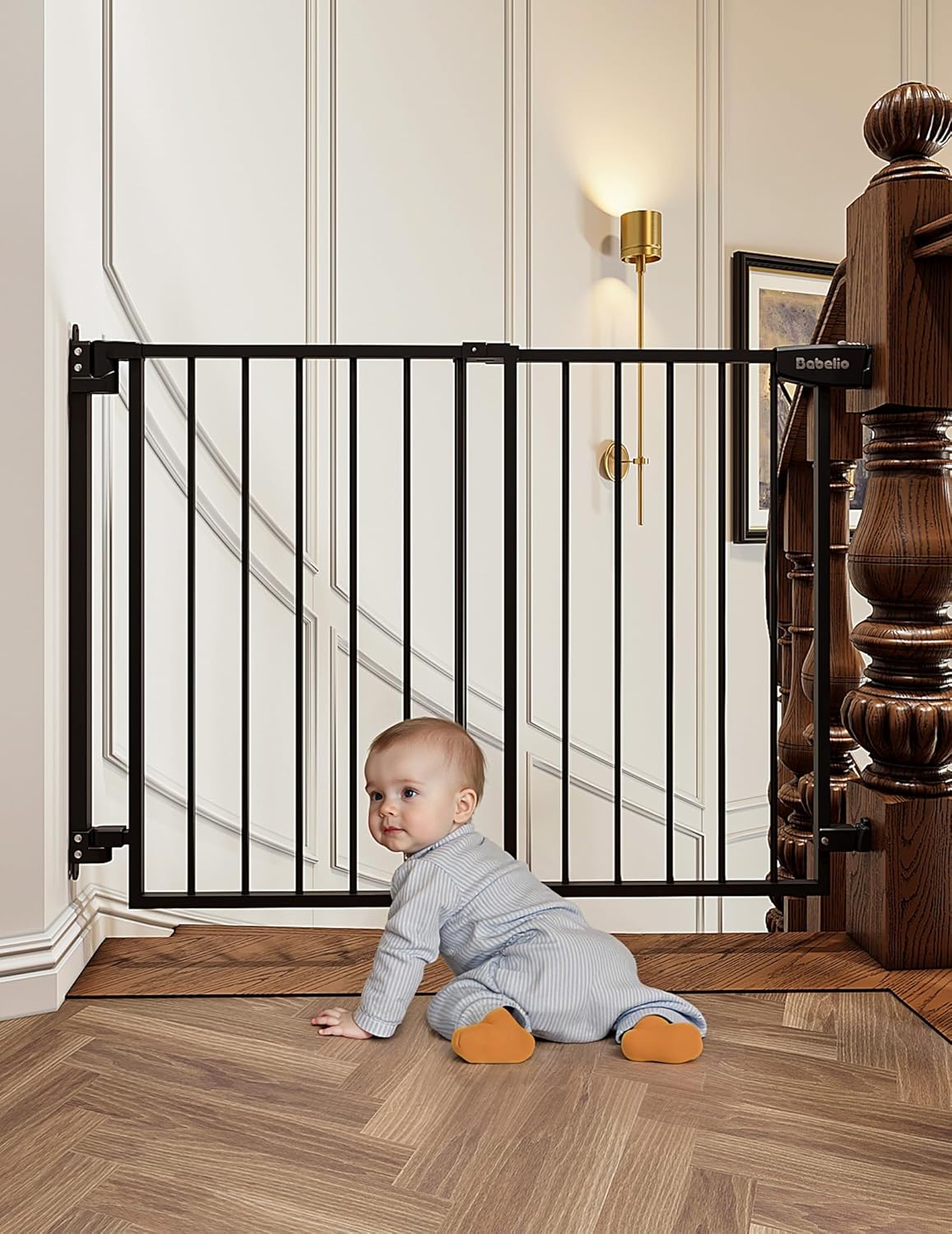Babelio 29.7-46.5 No Bottom Bar Baby/Dog Gate for Stairs, House and Doorways, Auto Close Safety Pet Gates with Large Walk Thru Door, Hardware Mount, Black