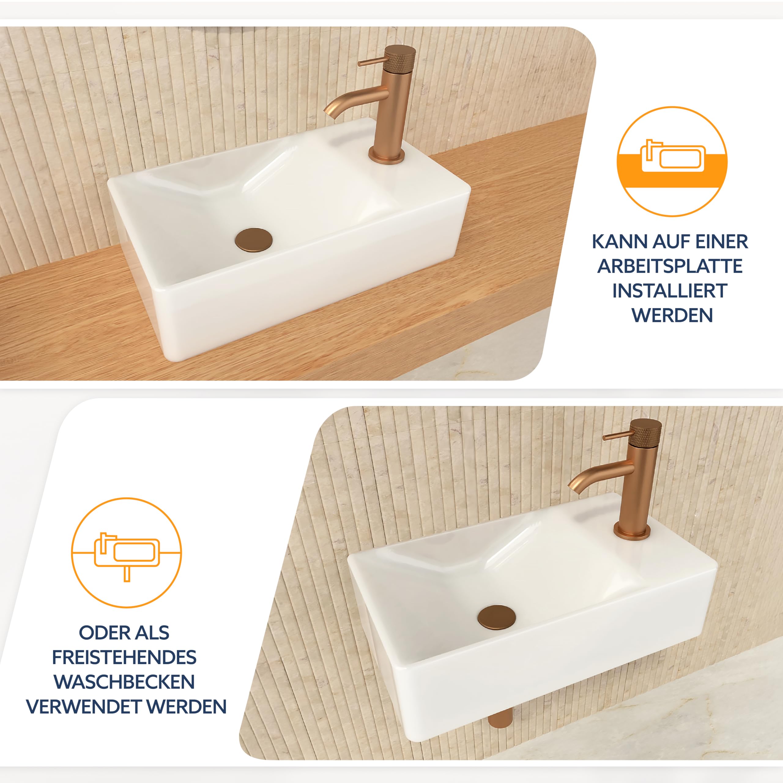 HOGART lavabo pequeño baño 38x22 cm, lavabo cerámica rectangular, lavabo suspendido pared o sobre encimera, con orificio para grifo, sin rebosadero, aseo invitados moderno (38x22cm (L))