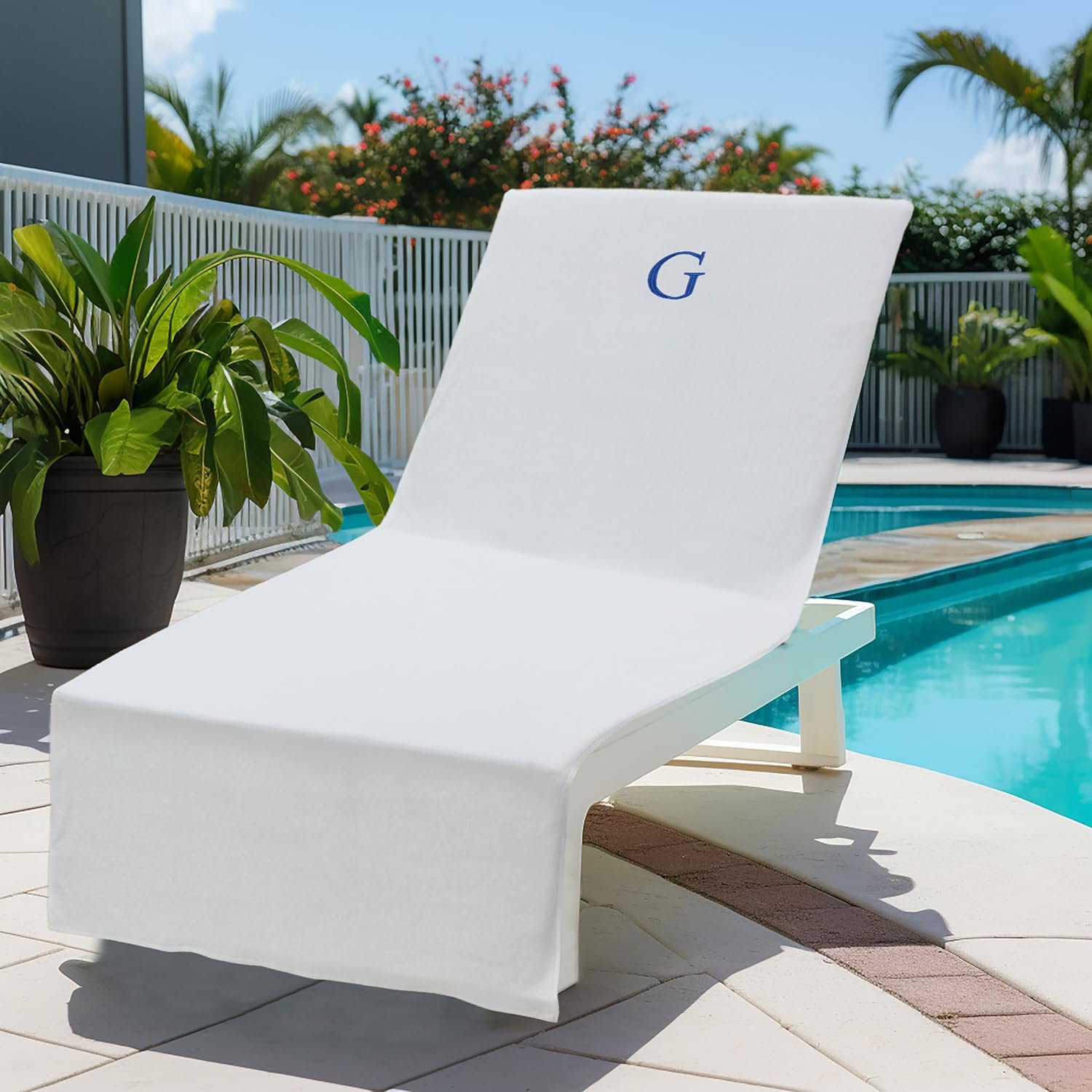 COTTON CRAFT Monogrammed Pool Lounge Chair Cover - Hotel Spa Chaise Embroidered Beach Chair Towel - Soft Absorbent 100% Ringspun Cotton Terry - Oversized 32 inch W x 82 inch L x 7 inch Pocket- White G