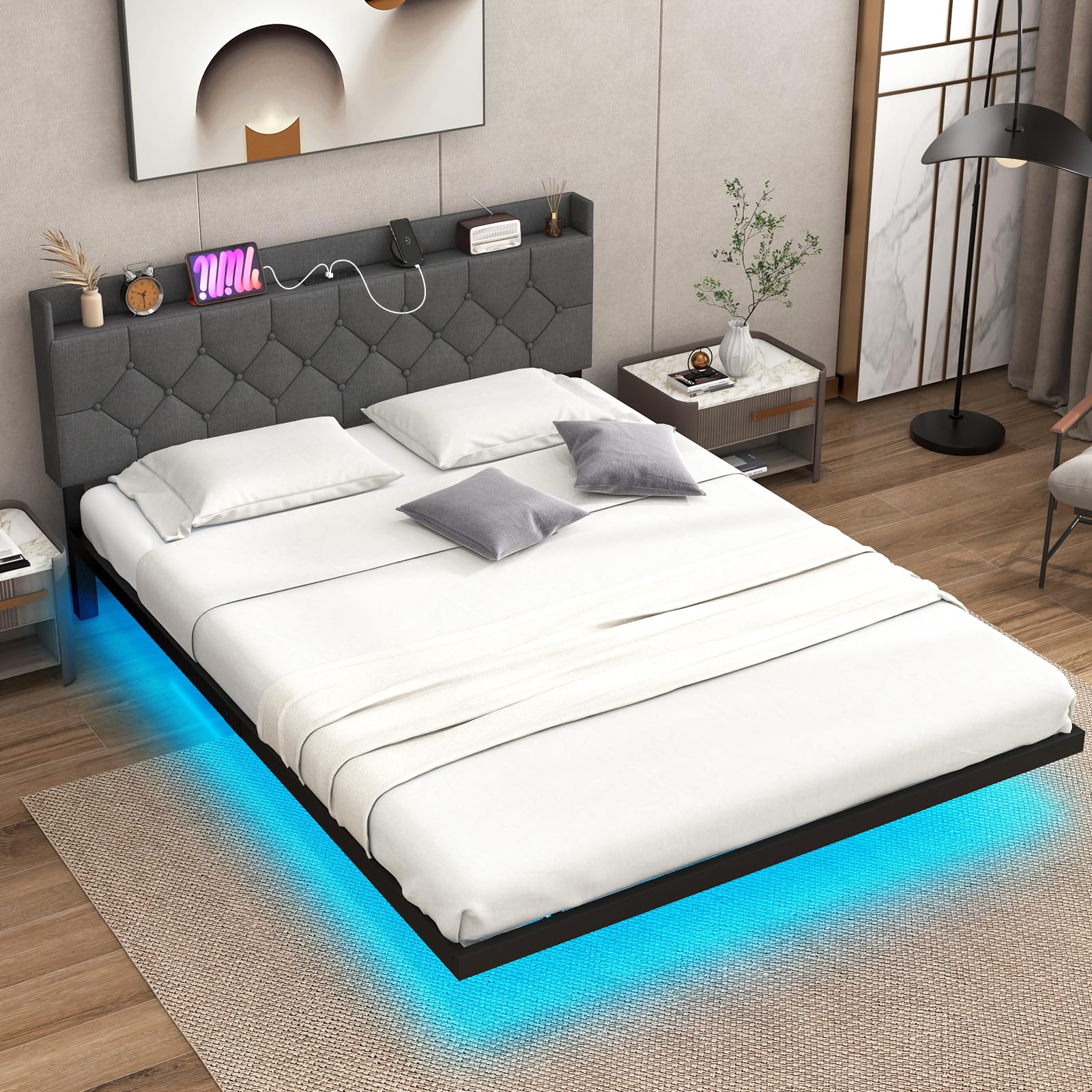 RELAX4LIFE Double/King Size Floating Bed Frame with LED Lights, Charging Station & Adjustable Headboard, Platform Bed Mattress Foundation, Slatted Bed Base, No Box Spring Needed (5ft-214x157x102cm)