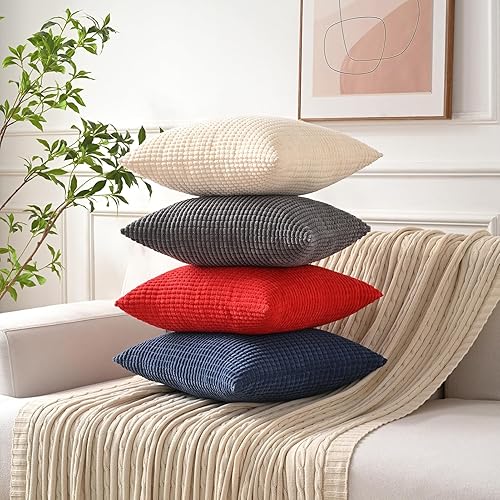 Miniatura 7 de Juego de 2 fundas de cojín de pana de 18 x 18 pulgadas, fundas de almohada decorativas suaves y cuadradas para sofá o cama, sofá (18 x 18 pulgadas,