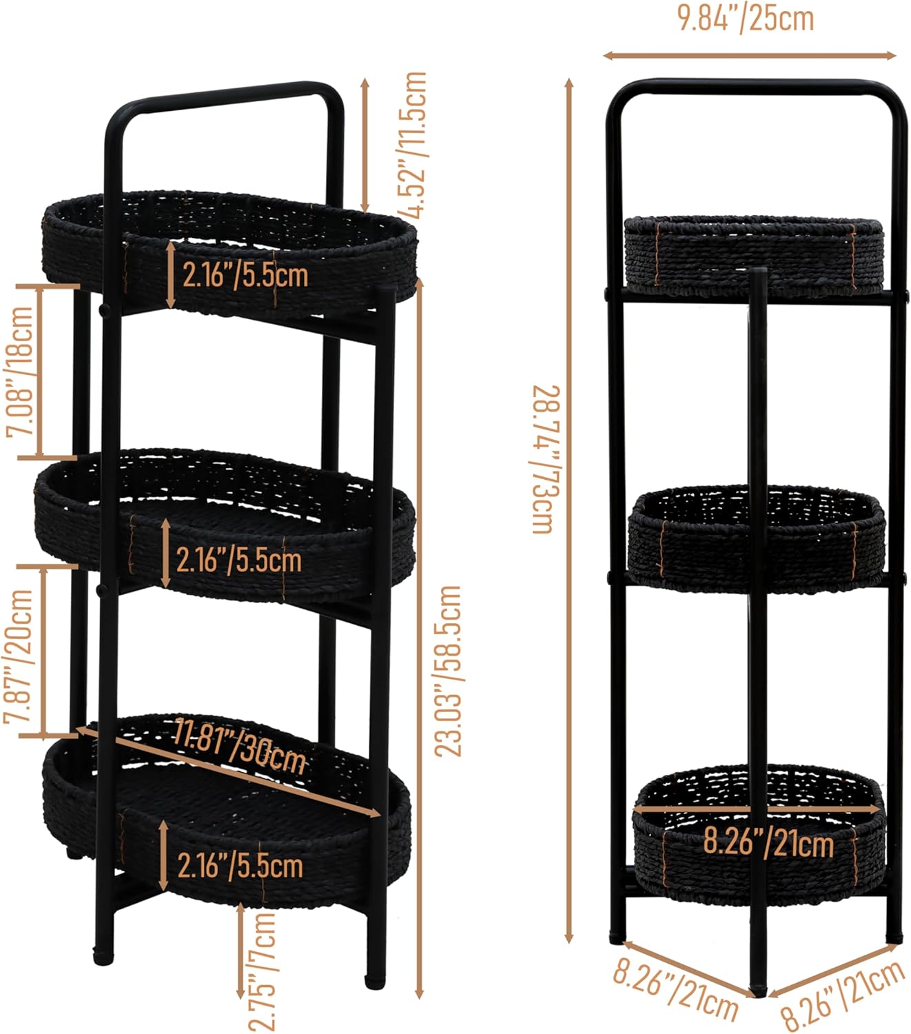 3-Tier Woven Basket Stand with Handle, Black Metal Frame with Paper Rope Baskets, Detachable Trays, Adjustable Feet, 11.8"L x 28"H (Black)