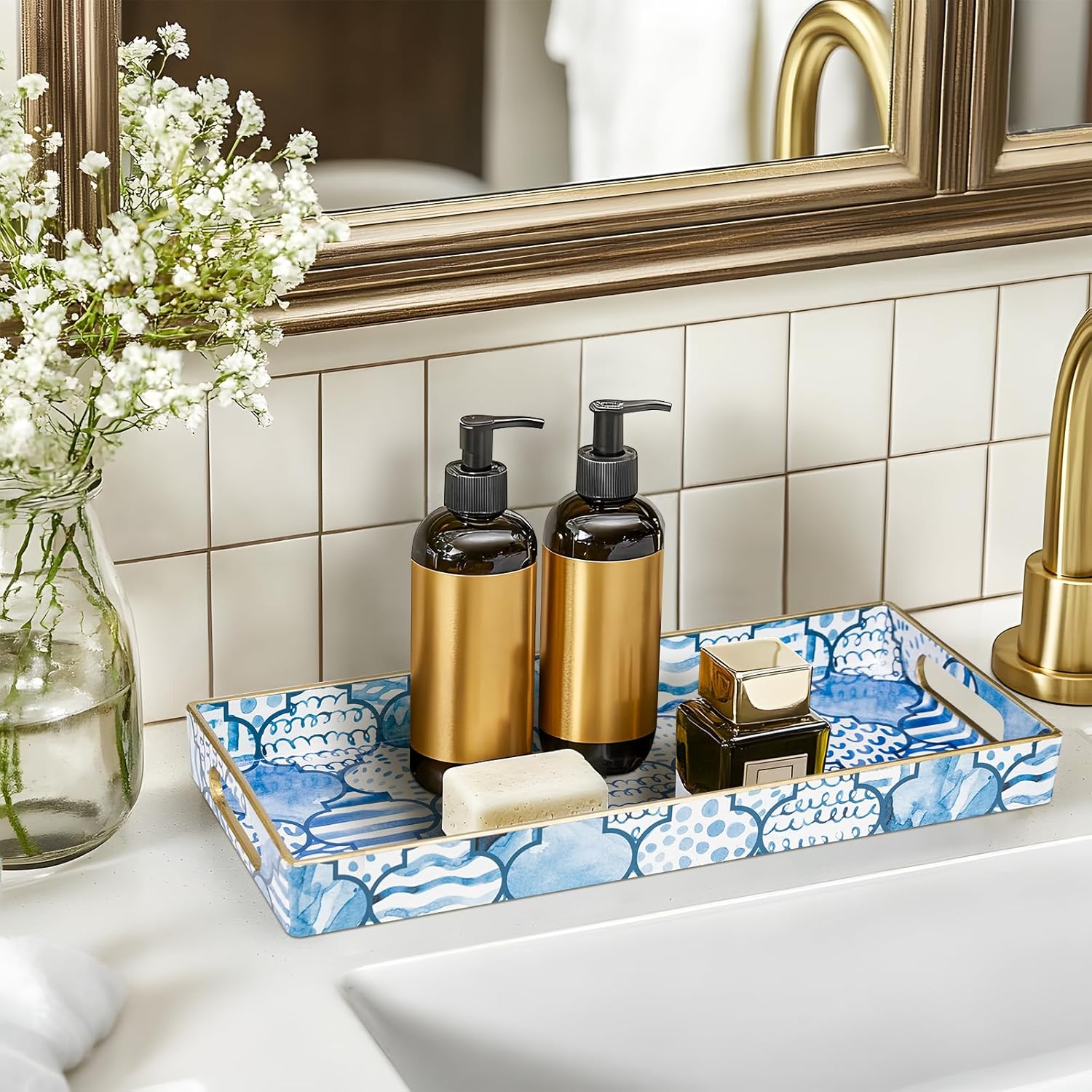 MAONAME Plastic Vanity Tray, Bathroom Counter Tray, Decorative Trays with Handles, Storage Dresser Trays Organizer for Toilet Tank, Jewelry, Makeup, 13.8" x 6" x 1.57" - Image 4