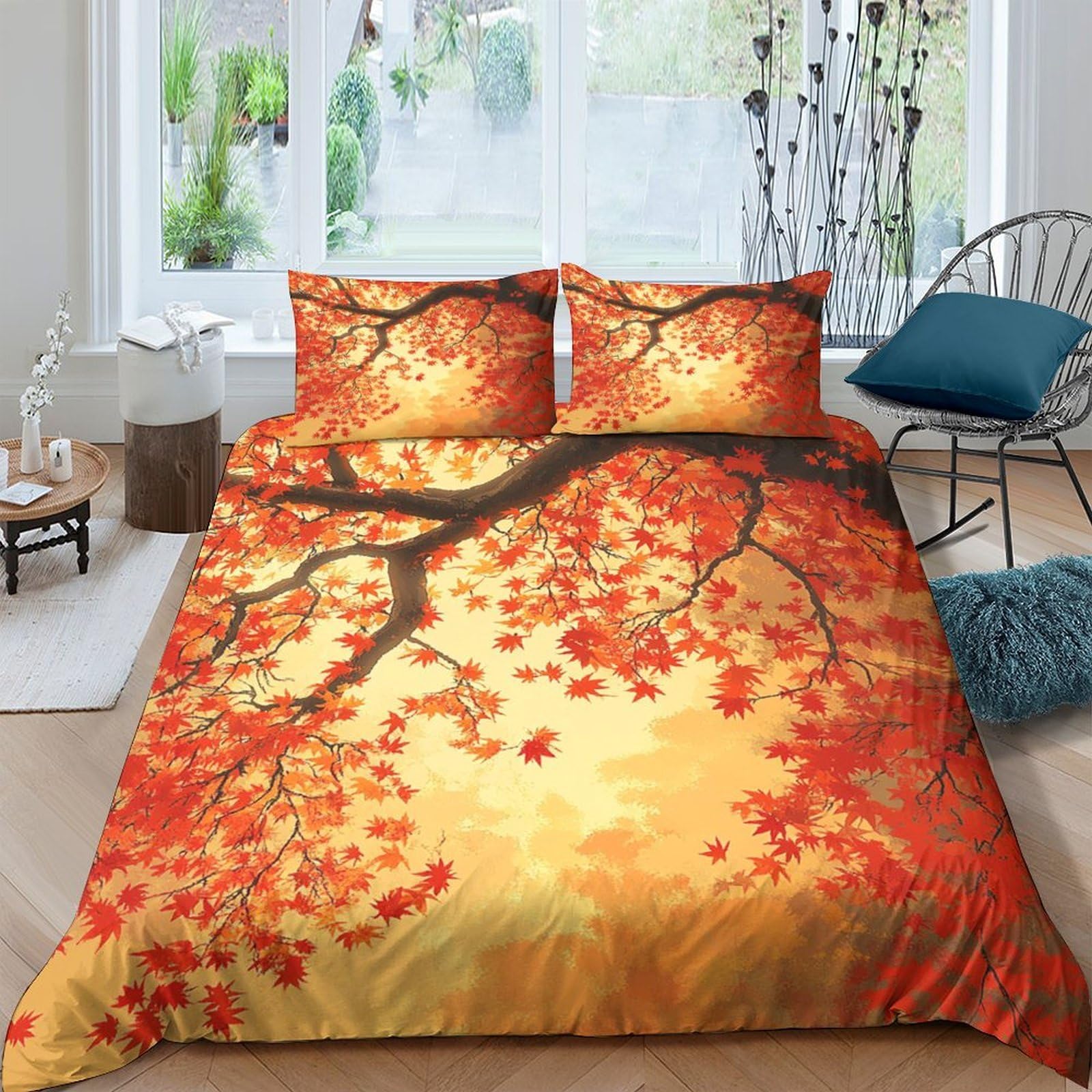 TUFRTGYHN 3D Printed Autumn Maple Duvet Cover Microfiber Soft Breathable Japanese Tree Bedding Set with 2 Pillowcases for Bedroom Decor Single（135x200cm）
