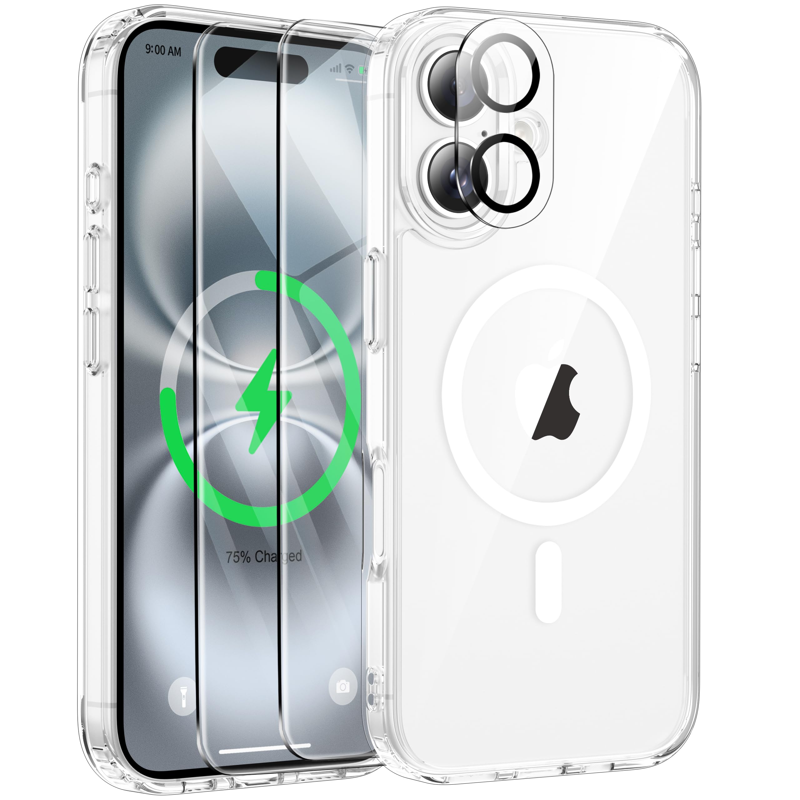 ORETECH Magnetica Cover per iPhone 16 Plus 6,7" con 2 Vetro Temperato e 1 Vetro Fotocamera, Compatibile con MagSafe, Anti-Graffio Antiurto Ultra Sottile Hard PC Cover-Trasparente