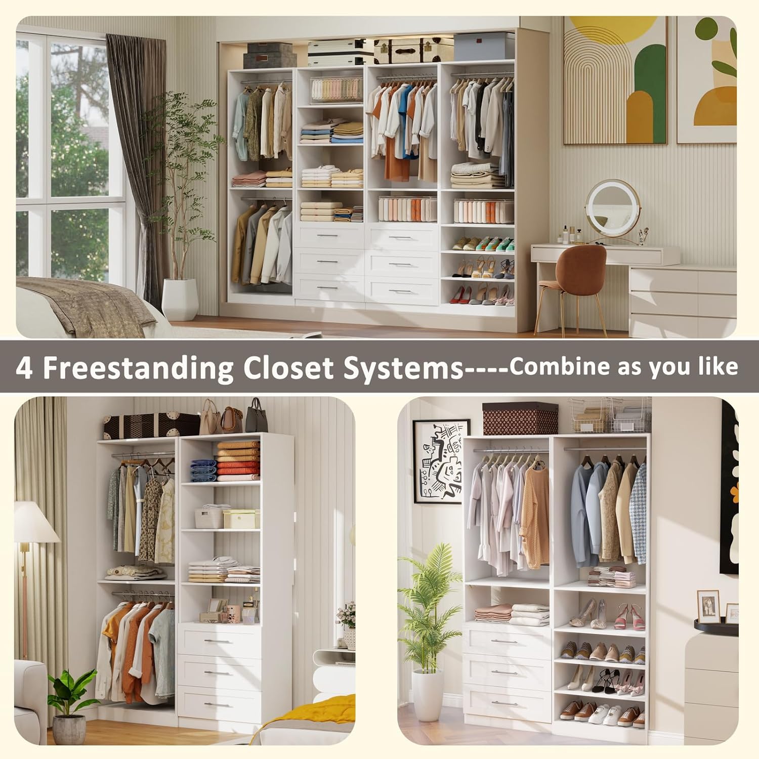 8FT Modular Closet System with 6 Drawers, Walk-in Closet Organizer System with 8 Expandable Hanging Rods & Adjustable Shelving Towers, Heavy Duty Wood Closet Storage for Bedroom, White(4 sets)