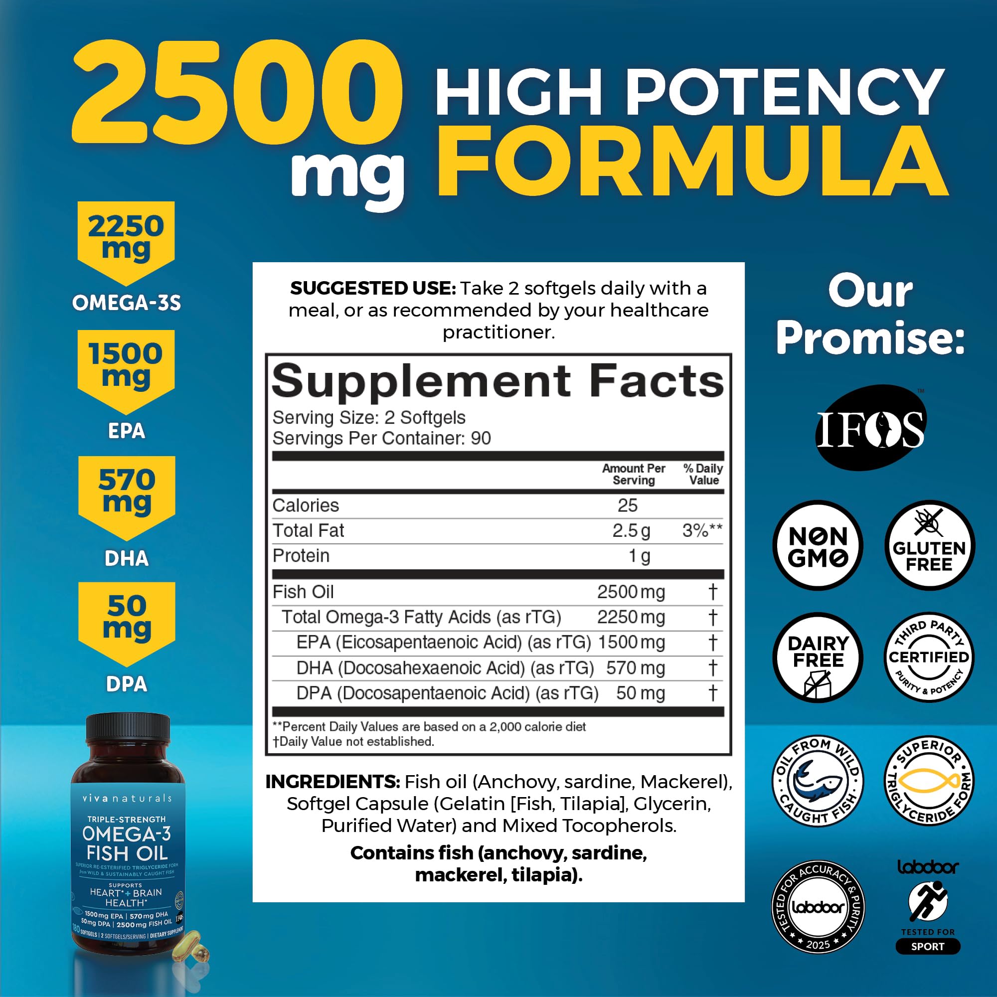 Viva Naturals Omega 3 Fish Oil Supplement for Women and Men - 2500 mg Triple Strength Fish Oil per Serving with Omega 3 Fatty Acids Including EPA, DHA DPA - 180 Pescatarian-Friendly Softgels — Amazon image 2