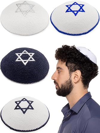 Pack of 4-Pcs - Hq 17/19cm Mix Colors Knitted/Linen Kippah with Star of David Embroidery for Men Boys and Kids