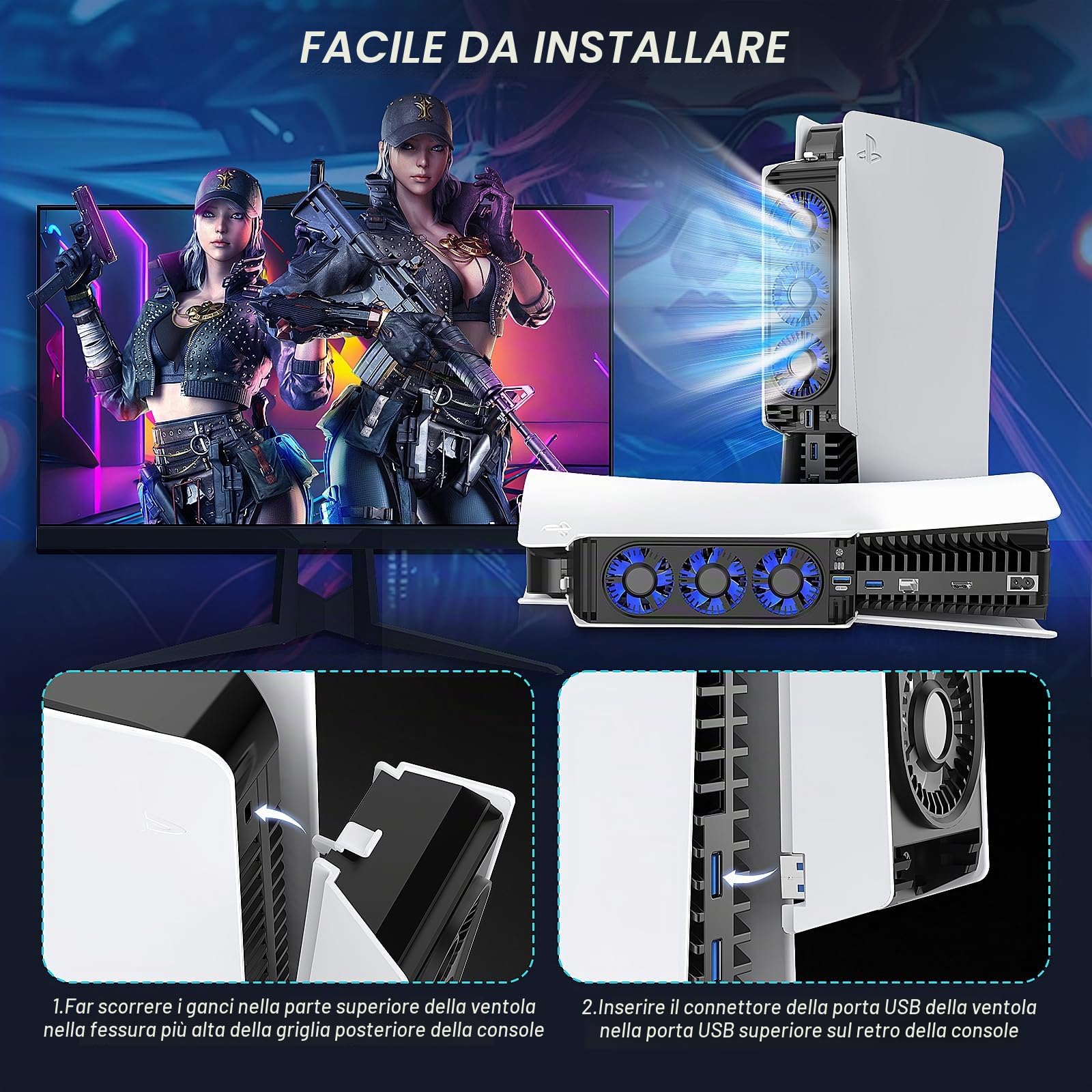 Ventola di Raffreddamento per PS5, Ventola per PS5 con Luce LED HUIJUTCHEN Silenziosa Ventola di Raffreddamento con 3 ventole e controller porta USB velocità Regolabile delle ventole (Bianco)