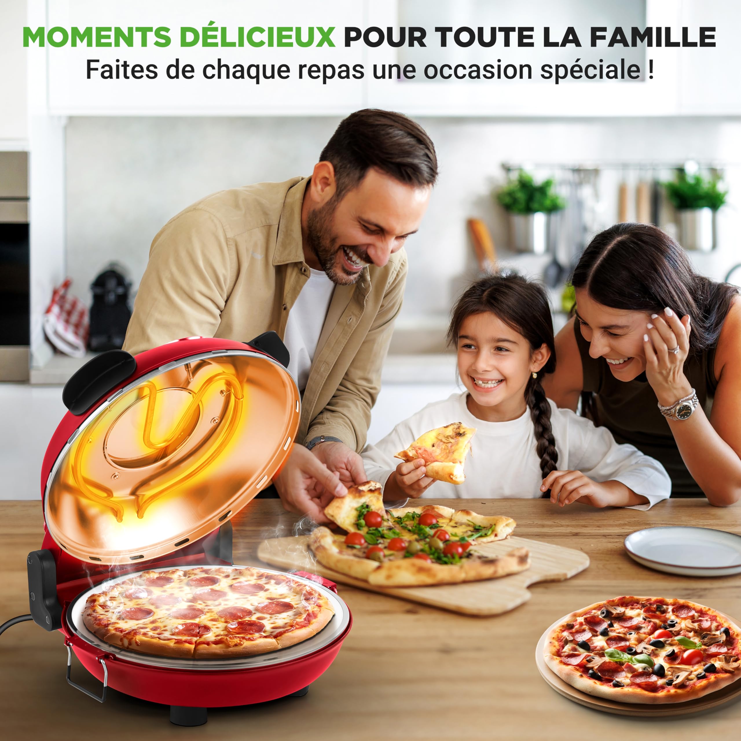 NutriChef Four à Pizza Électrique – Pierre à pizza Ø30 cm avec Thermostat et Thermomètre | Chauffe Jusqu’à 425°C | Cuisson Rapide | Fenêtre de Cuisson | Facile à Nettoyer - Rouge