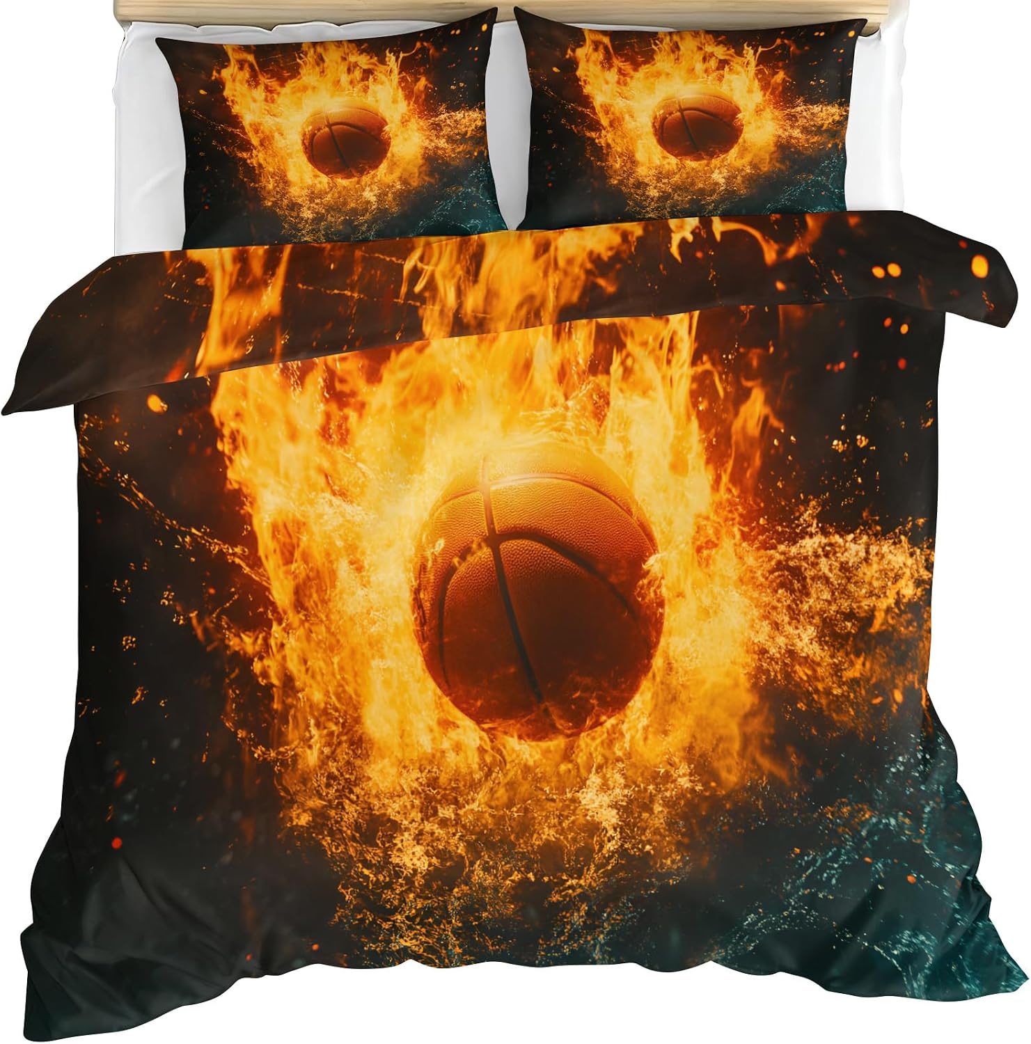 Basketball Duvet Cover Twin Size, Flame Basketball Comforter Cover Boys' Sports Bedding Set 3 Piece with 2 Pillow Sham with Zipper Closure 68" x86"