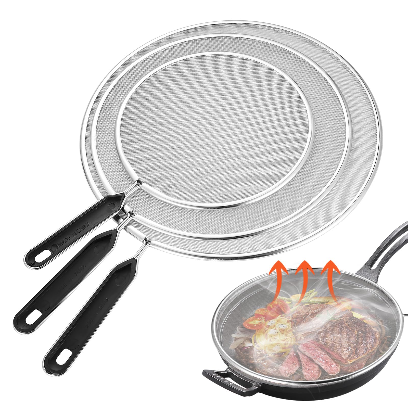3 Couvercles Anti-éclaboussures En Inox 304 - 19, 25 Et 29 Cm De Diamètre, Poignées Longues, Multi-usages