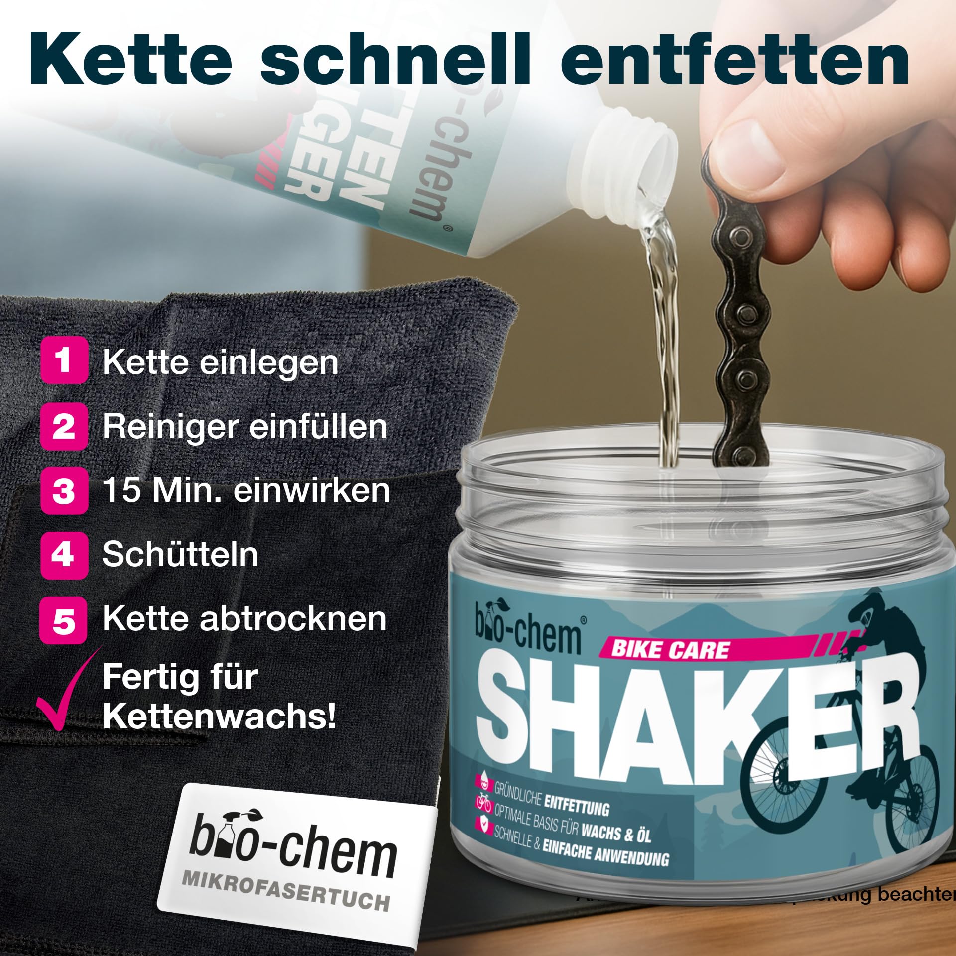 bio-chem Kettenwachs System Set 7-teilig für Fahrräder | Mit Kettenreiniger 1L, Kettenwachs 100ml, Shaker, Bürsten & Tuch für Rennrad, MTB & E-Bike