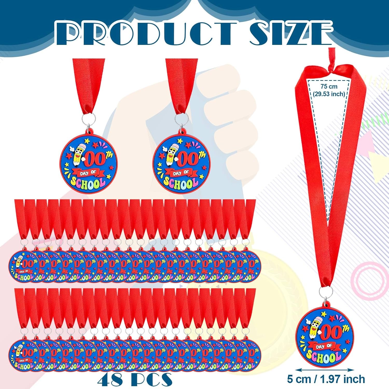 Poen 48 Pcs Happy 100 Days of School Award Medals 1.97'' Rubber 100th Day of School Medals for Awards with 29.5" Ribbon Supplies Themed Party