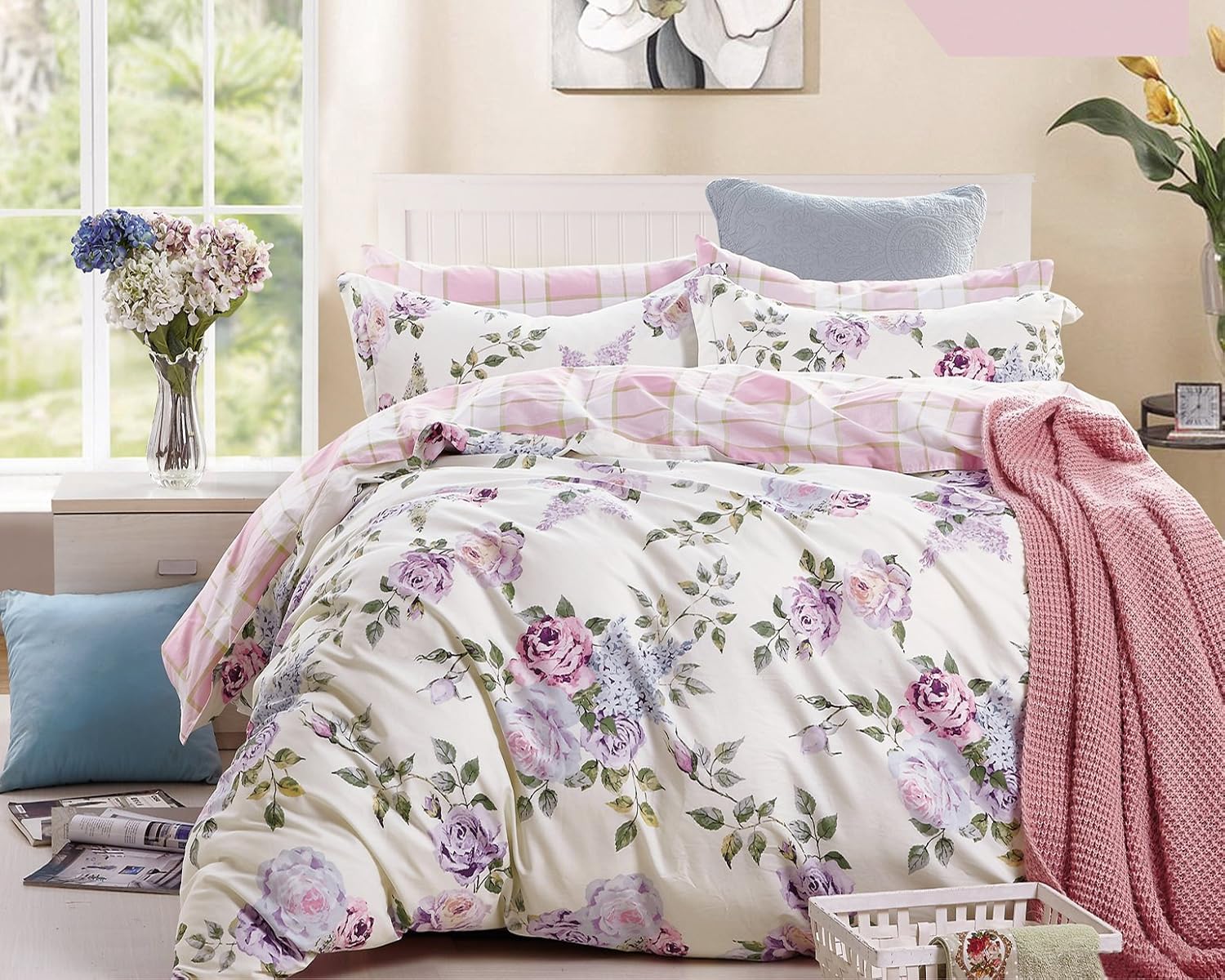Swanson Beddings Pink-Purple Roses 3-Piece 100% Cotton Bedding Set: Duvet Cover and Two Pillow Shams (Full)