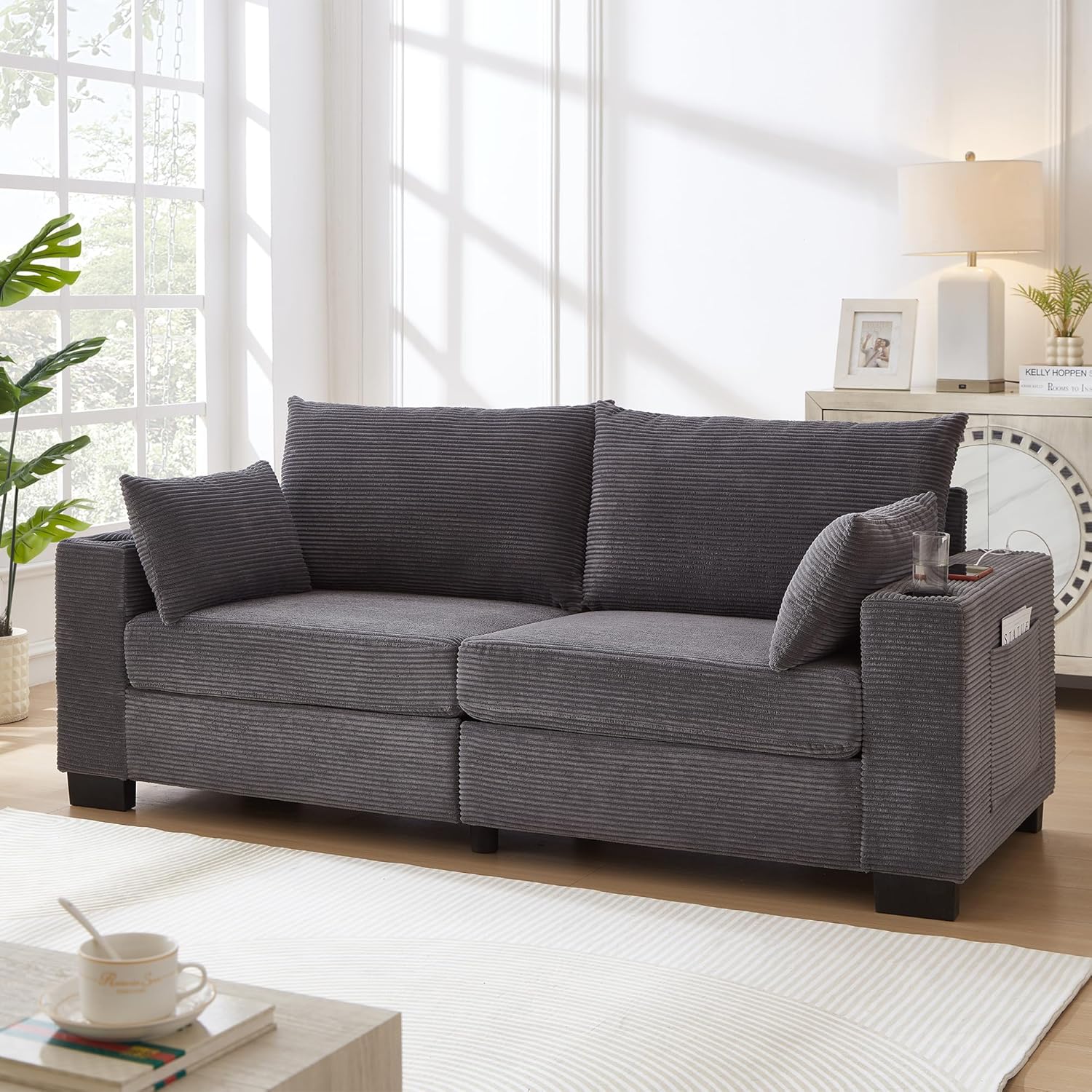 78" Cloud Loveseat Sofa, Modern 2 Seater Loveseat Couch with Dual Cup Holders & USB Charging Ports, Comfy Corduroy Upholstered Sofa with Side Storage Pockets for Apartment | Layers Seat Cushions, 20" High Backrest, Easy-Assembly