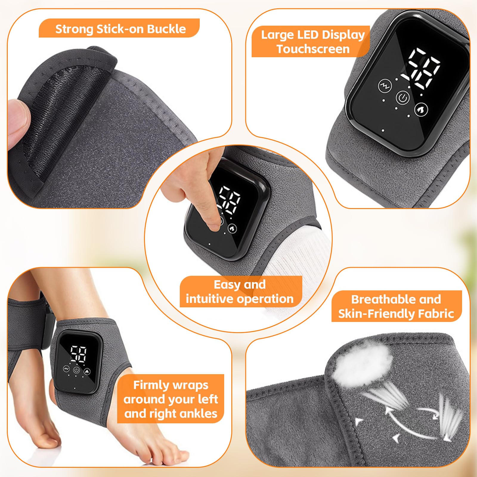 Masajeador de pies 3 en 1, Masajeador eléctrico para pies y Tobillos, Tobillera Térmica Inalámbrica con 3 Modos, 3 Niveles de Calor, para Circulación y Alivia el Dolor de Pies (Gris A (2 unidades))