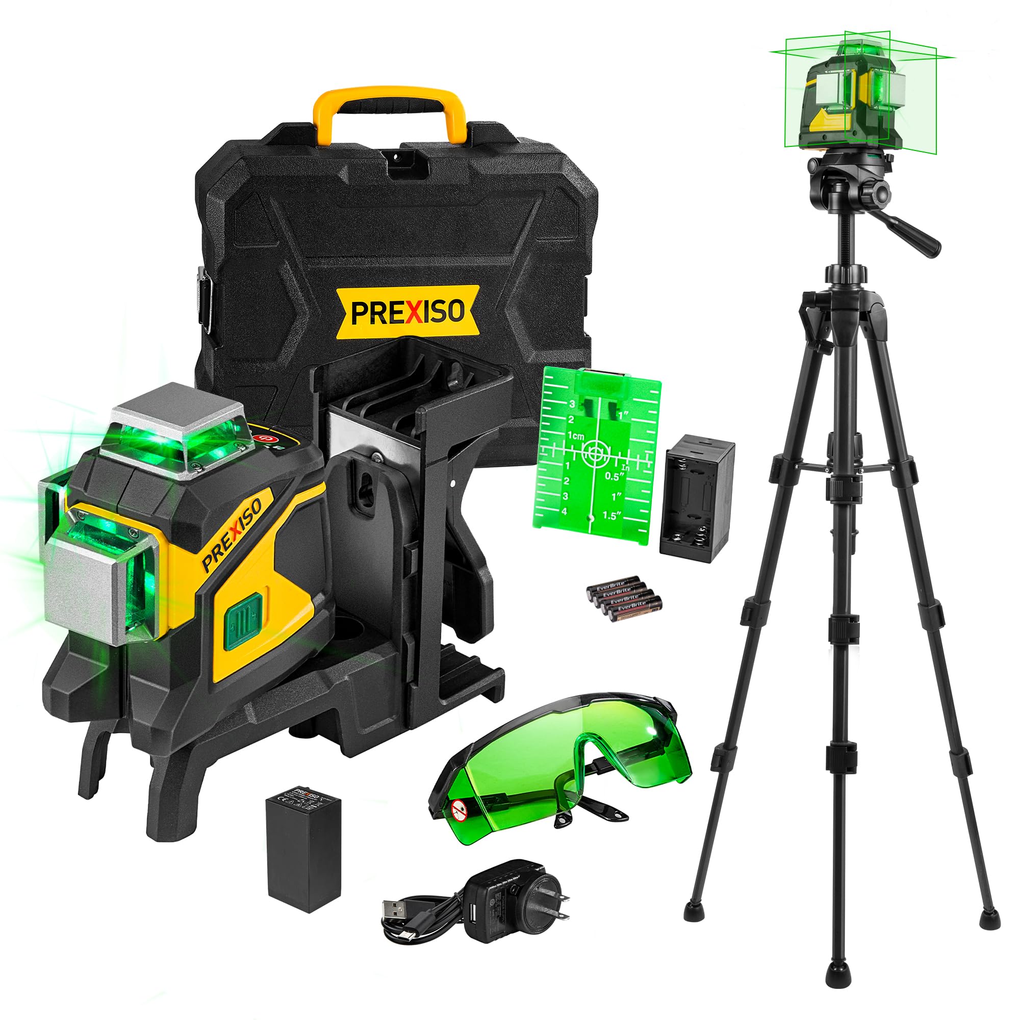 prexiso laser level 3 x 360â° self leveling with 47 in. tripod, ip54 rechargeable 100ft green lazer leveler tool for construction, home renovation with magnetic base, battery adapter, case, accessories