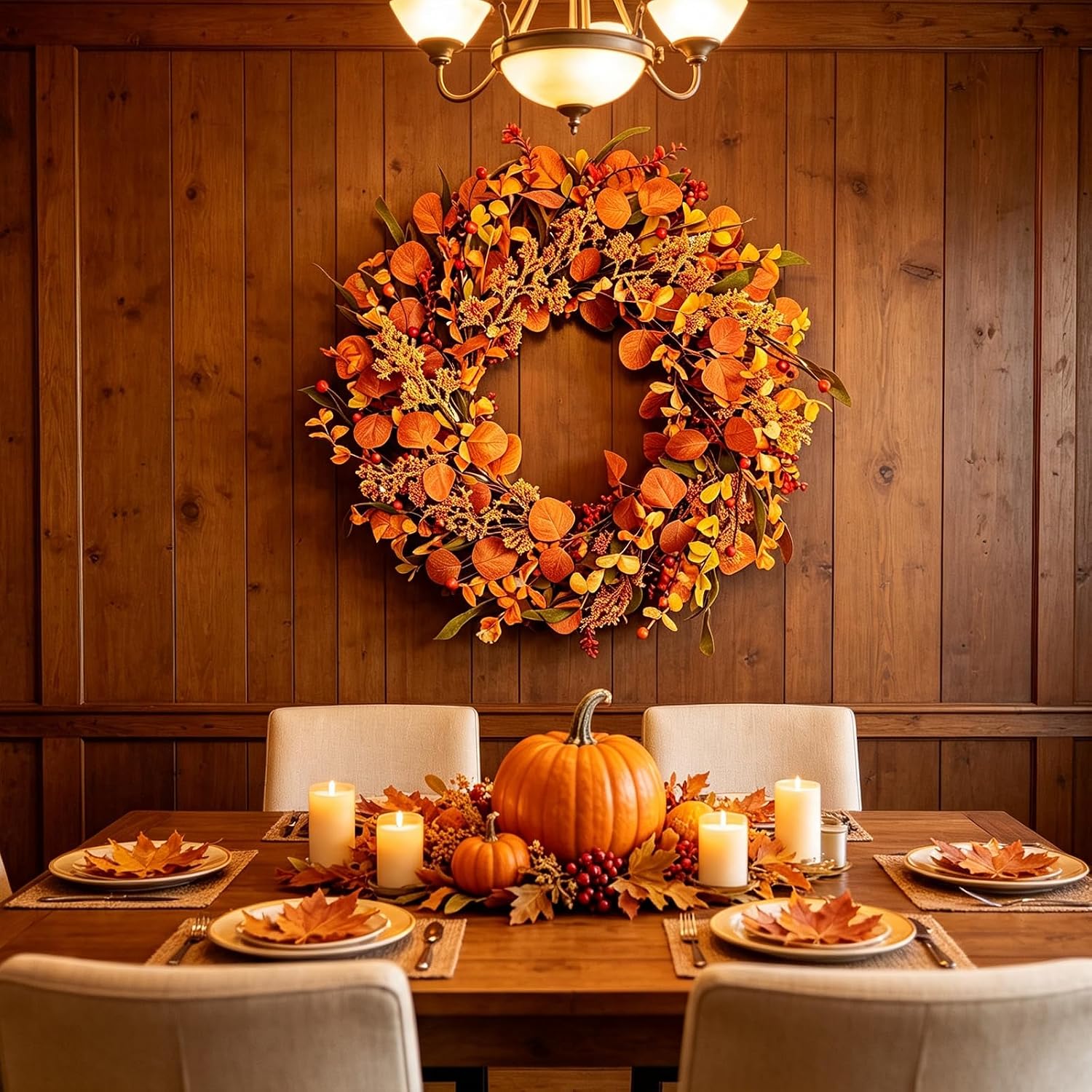 20 Inch Fall Wreaths for Front Door, Artificial Orange Eucalyptus Leaves Red Berries Grain Autumn Wreath, Farmhouse Harvest Thanksgiving Indoor Outdoor Porch Wall Decor