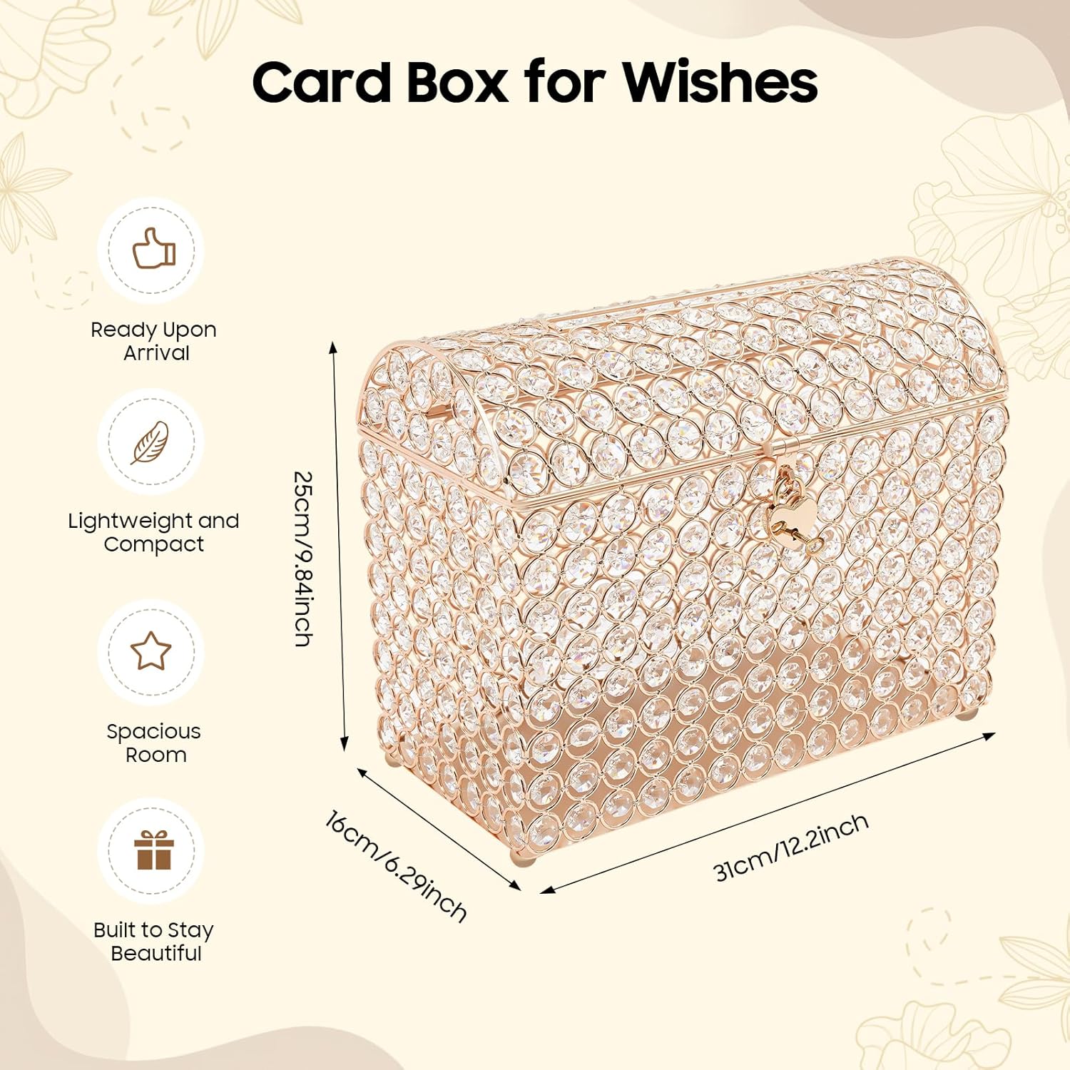 Crystal Wedding Card Box with Heart Lock, Wedding Money Box, Treasure Chest Bead Card Receiving Box for Reception, Graduation, Keepsake Display, Party Centerpiece, 12.2" x 6.3" x 9.8", Gold